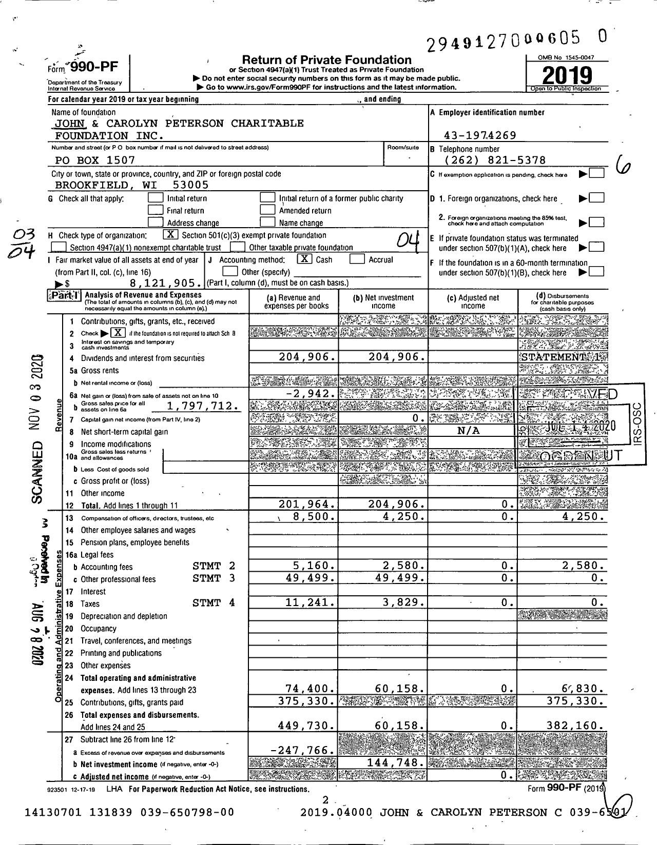 Image of first page of 2019 Form 990PF for John and Carolyn Peterson Charitable Foundation