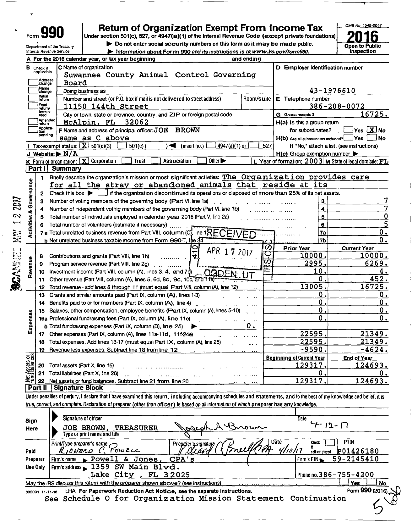 Image of first page of 2016 Form 990 for Suwannee County Animal Control Governing Board