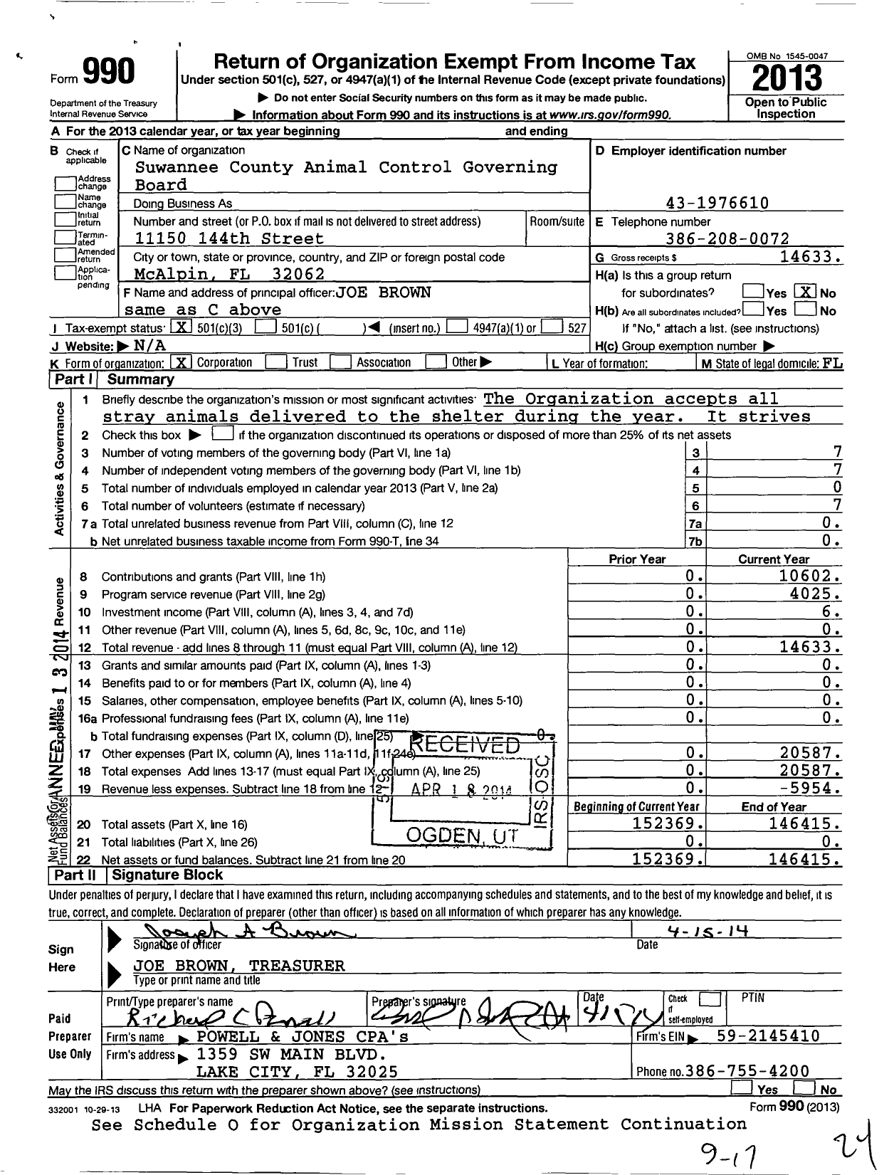 Image of first page of 2013 Form 990 for Suwannee County Animal Control Governing Board