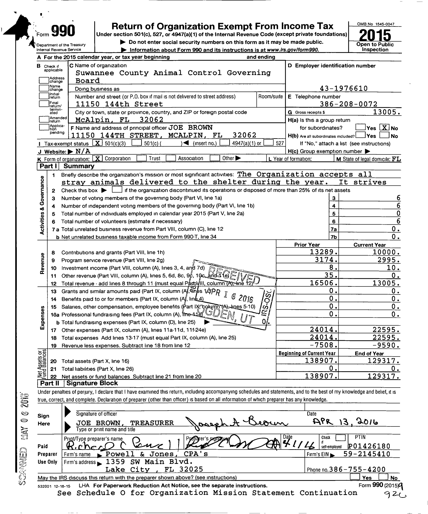 Image of first page of 2015 Form 990 for Suwannee County Animal Control Governing Board