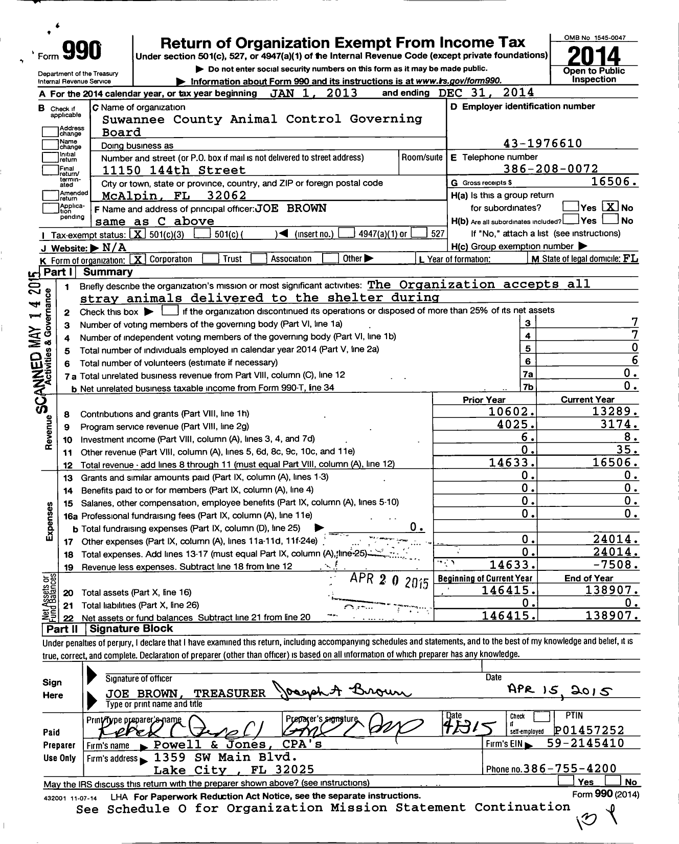 Image of first page of 2014 Form 990 for Suwannee County Animal Control Governing Board