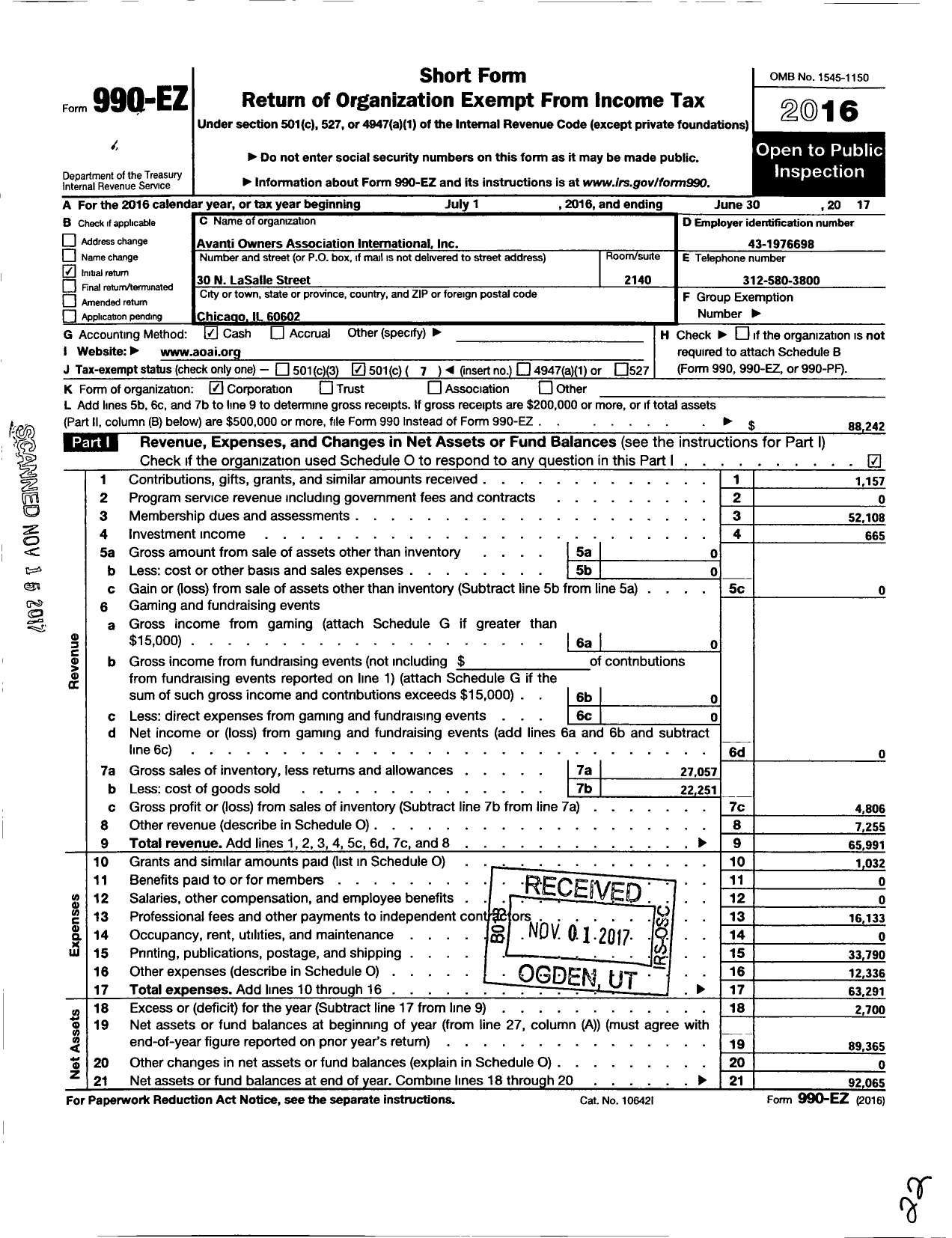 Image of first page of 2016 Form 990EO for Avanti Owners Association International