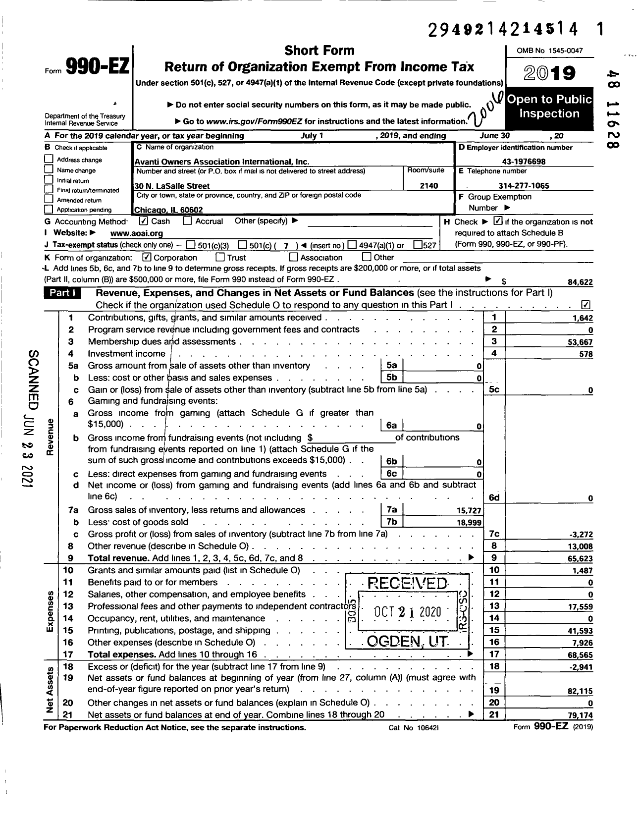 Image of first page of 2019 Form 990EO for Avanti Owners Association International