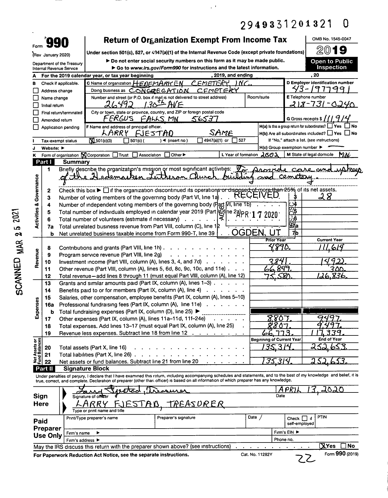 Image of first page of 2019 Form 990 for Hedemarken Cemetery