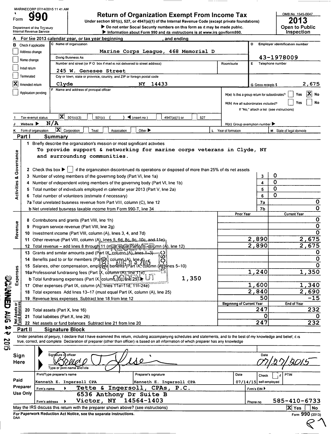 Image of first page of 2013 Form 990 for Marine Corps League