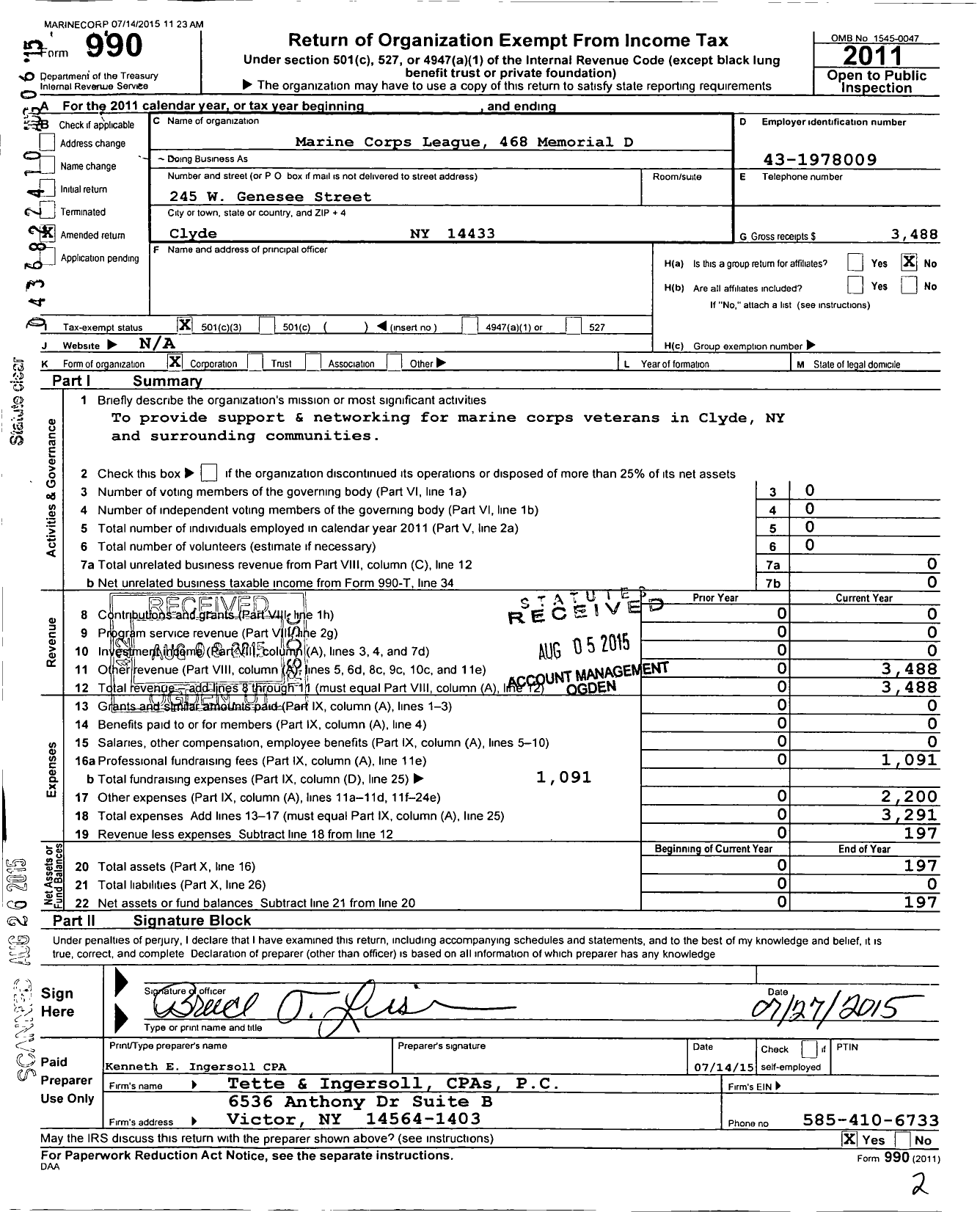 Image of first page of 2011 Form 990 for Marine Corps League