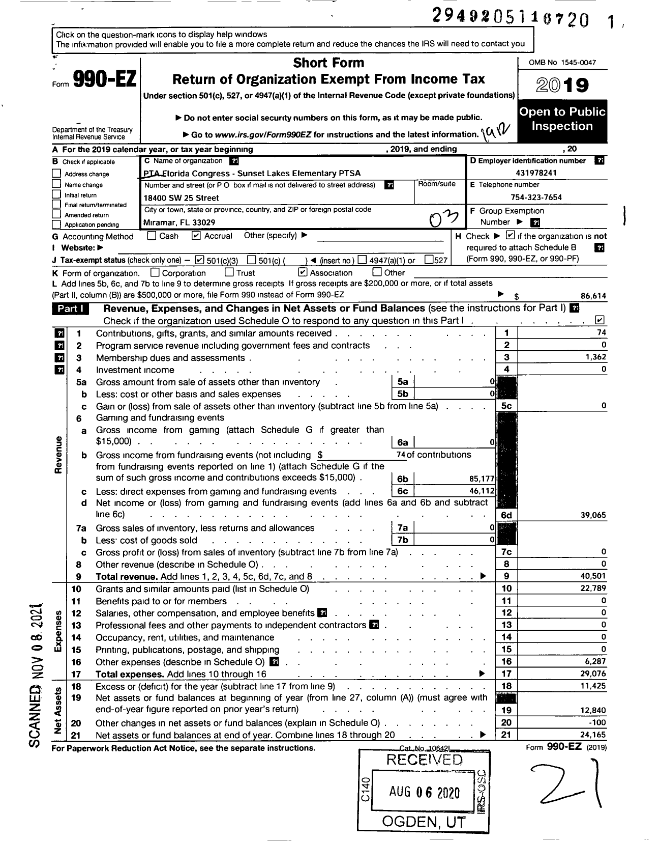 Image of first page of 2019 Form 990EZ for PTA FLORIDA CONGRESS - Sunset Lakes Elementary PTSA