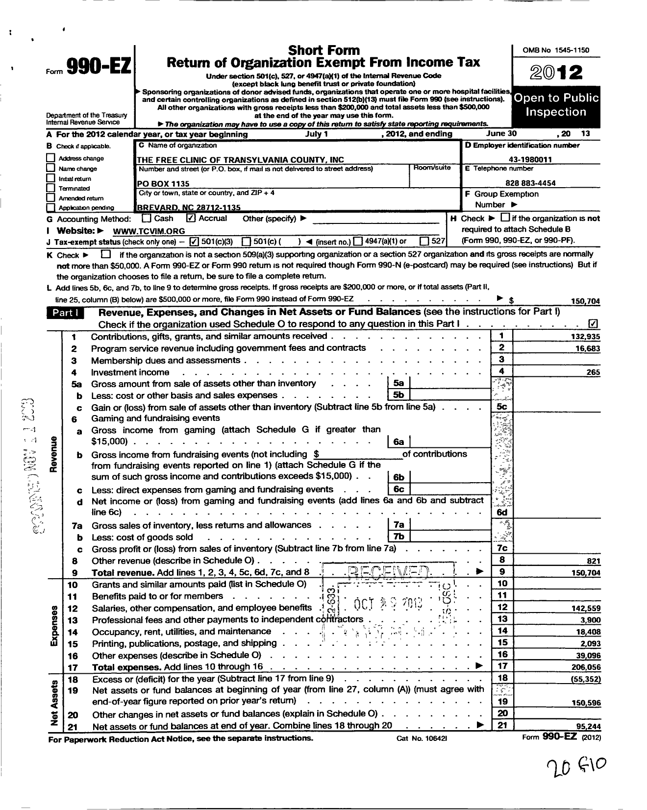 Image of first page of 2012 Form 990EZ for Medication Assistance Program of Transylvania County