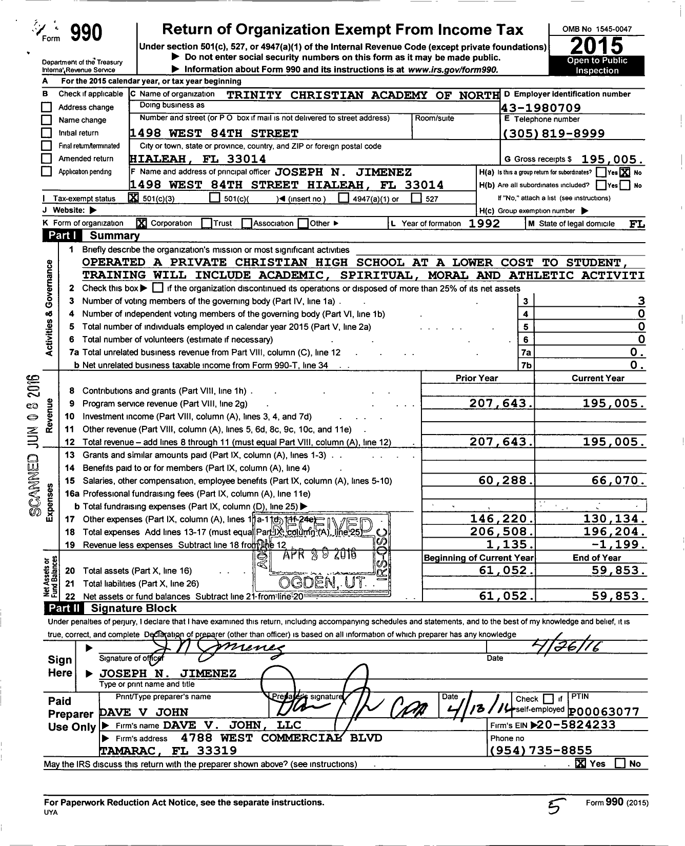 Image of first page of 2015 Form 990 for Trinity Christian Academy of North Dade