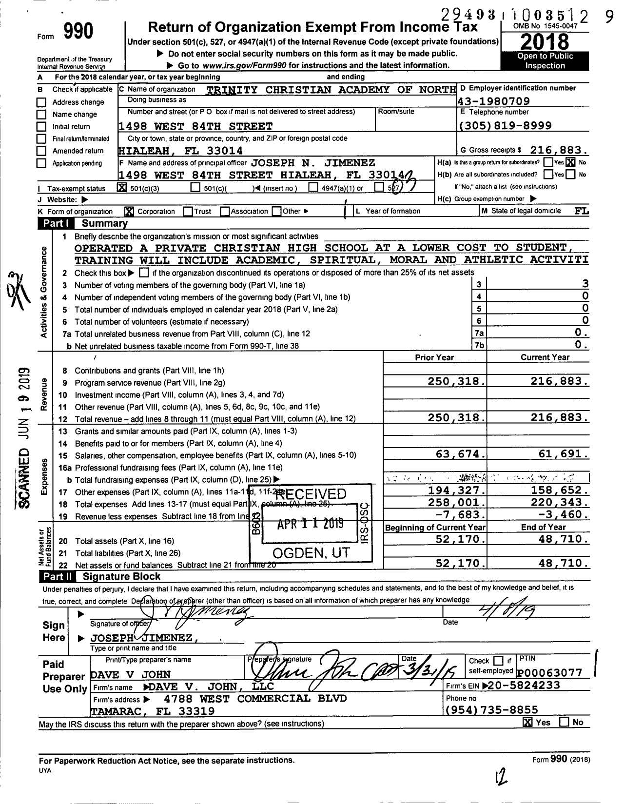 Image of first page of 2018 Form 990 for Trinity Christian Academy of North Dade