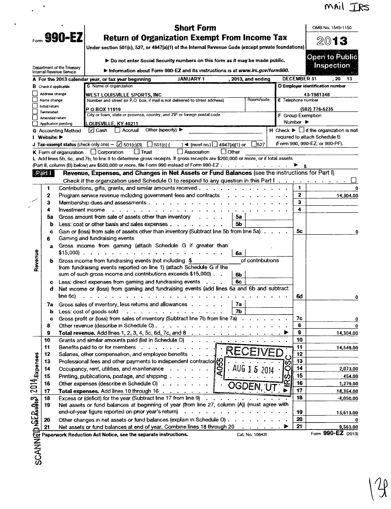 Image of first page of 2013 Form 990EZ for West Louisville Sports