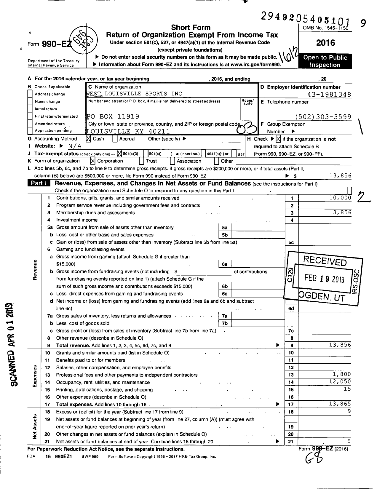 Image of first page of 2016 Form 990EZ for West Louisville Sports