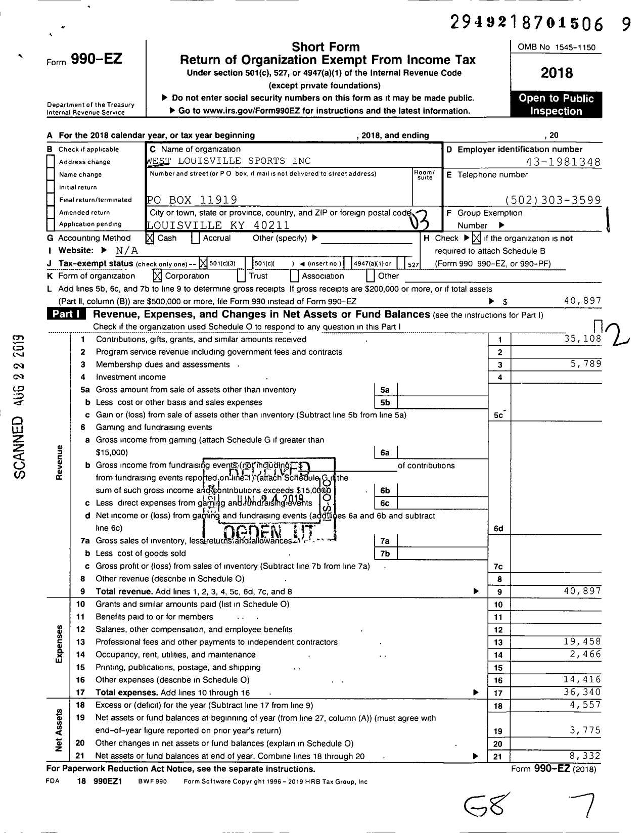 Image of first page of 2018 Form 990EZ for West Louisville Sports