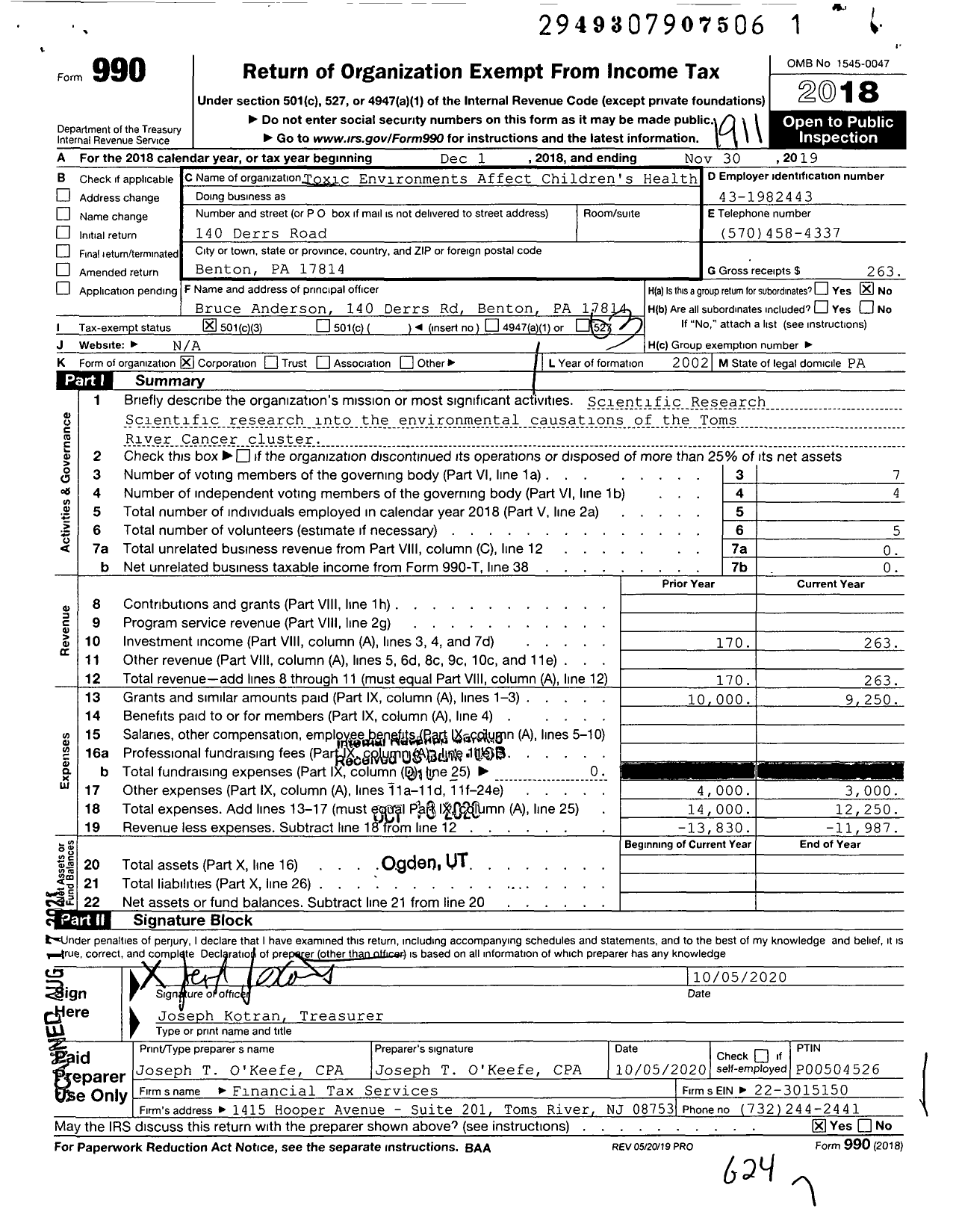 Image of first page of 2018 Form 990 for Toxic Environments Affect Children's Health