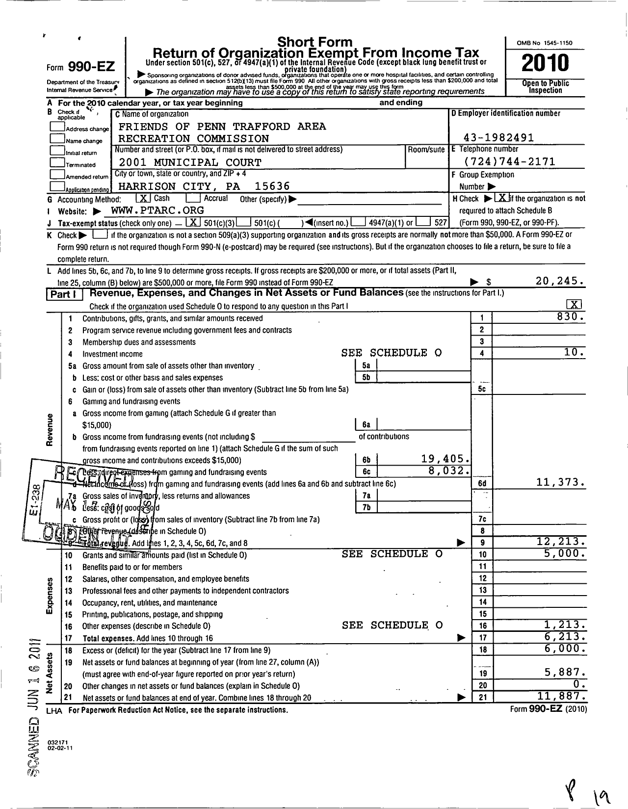 Image of first page of 2010 Form 990EZ for Friends of Penn Trafford Area Recreation Commission