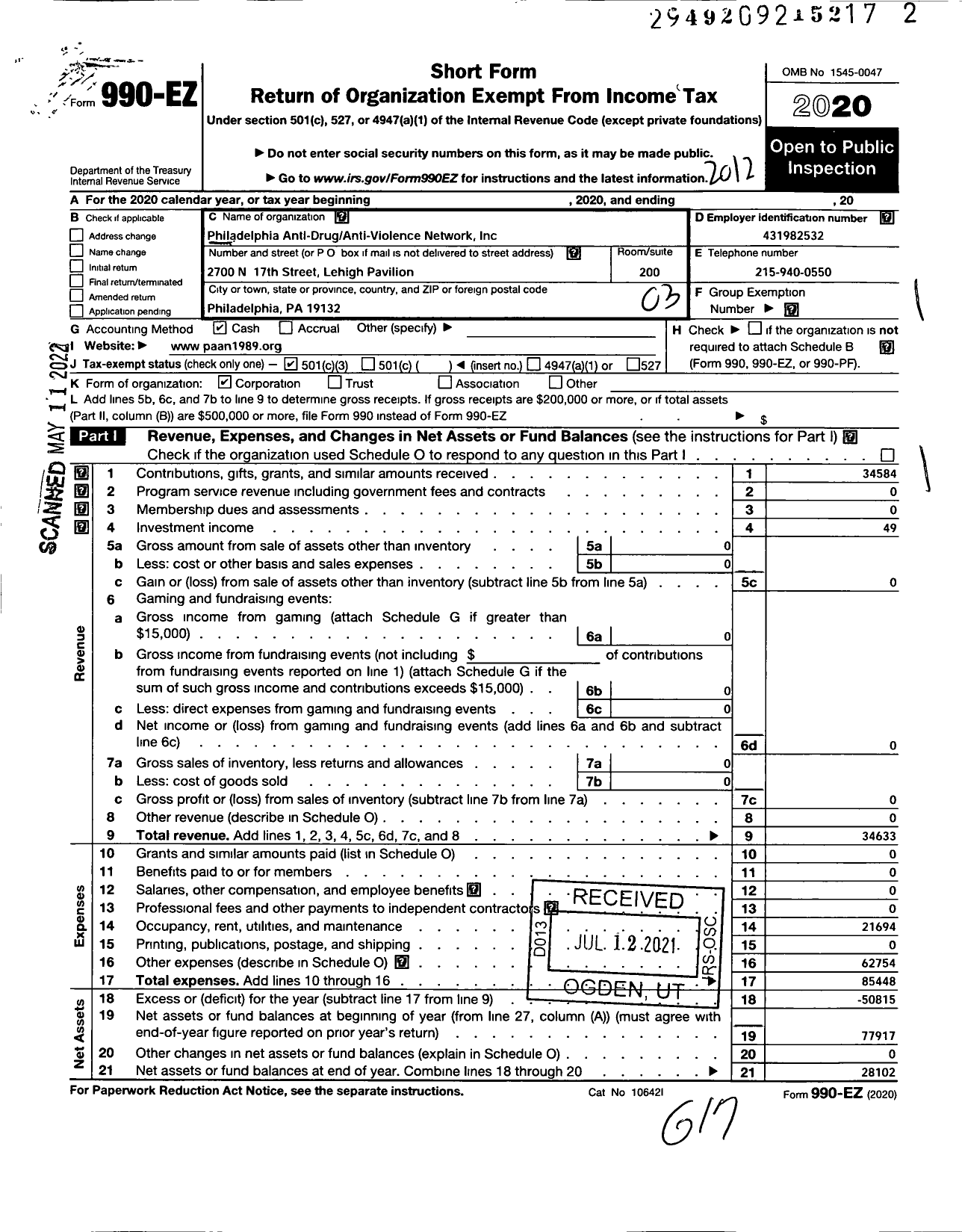 Image of first page of 2020 Form 990EZ for Philadelphia Anti-Drug Anti-Violence Network