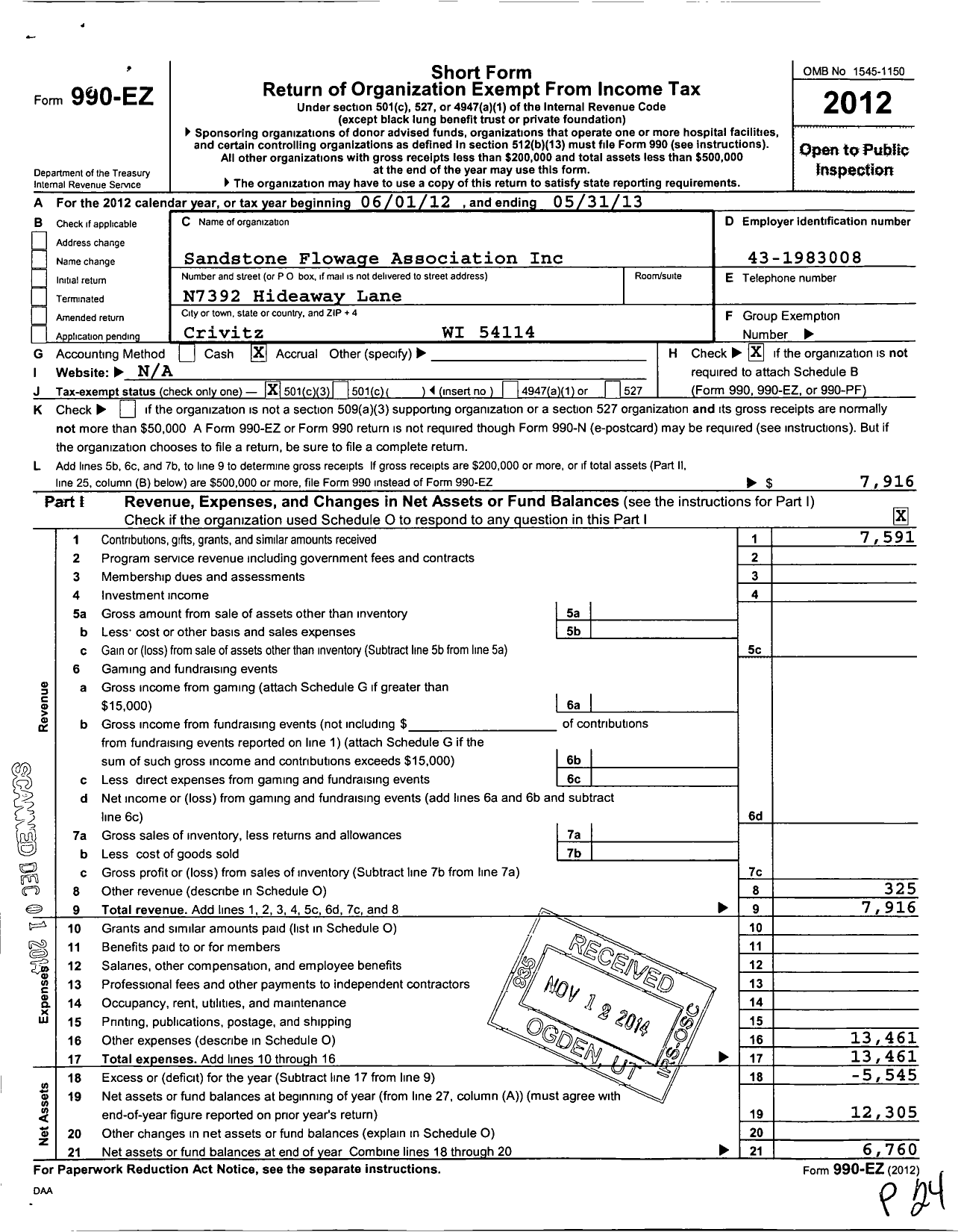 Image of first page of 2012 Form 990EZ for Sandstone Flowage Association