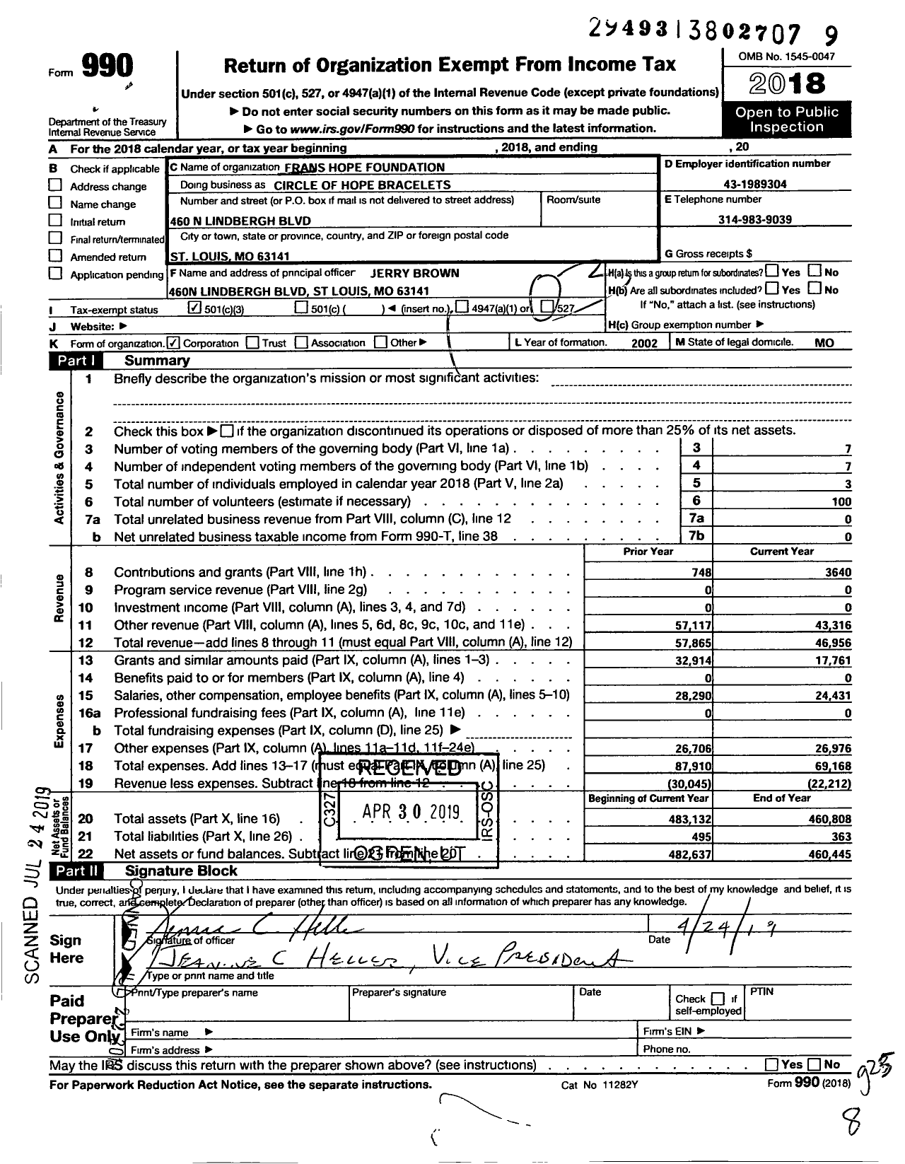 Image of first page of 2018 Form 990 for Frans Hope Foundation