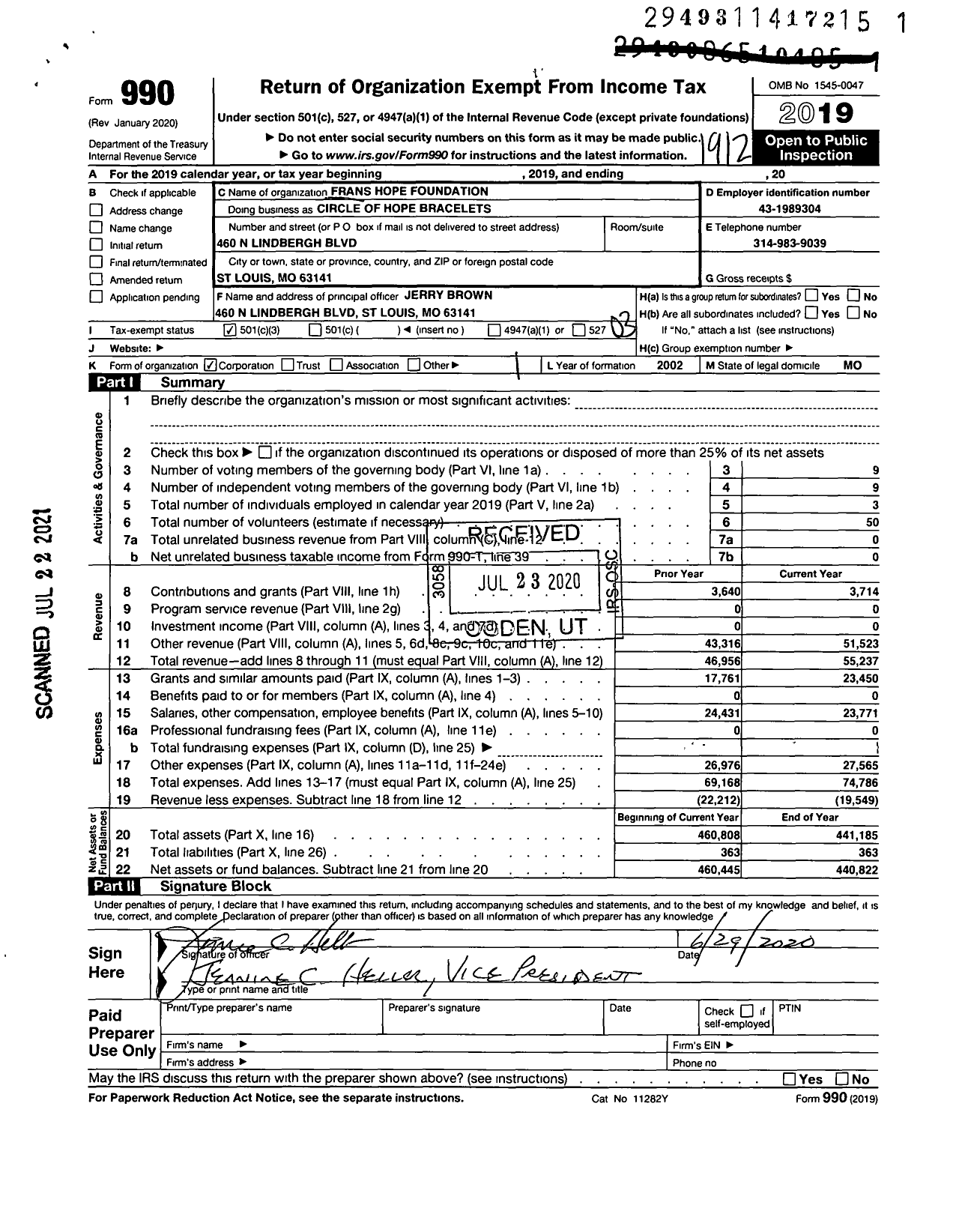 Image of first page of 2019 Form 990 for Frans Hope Foundation