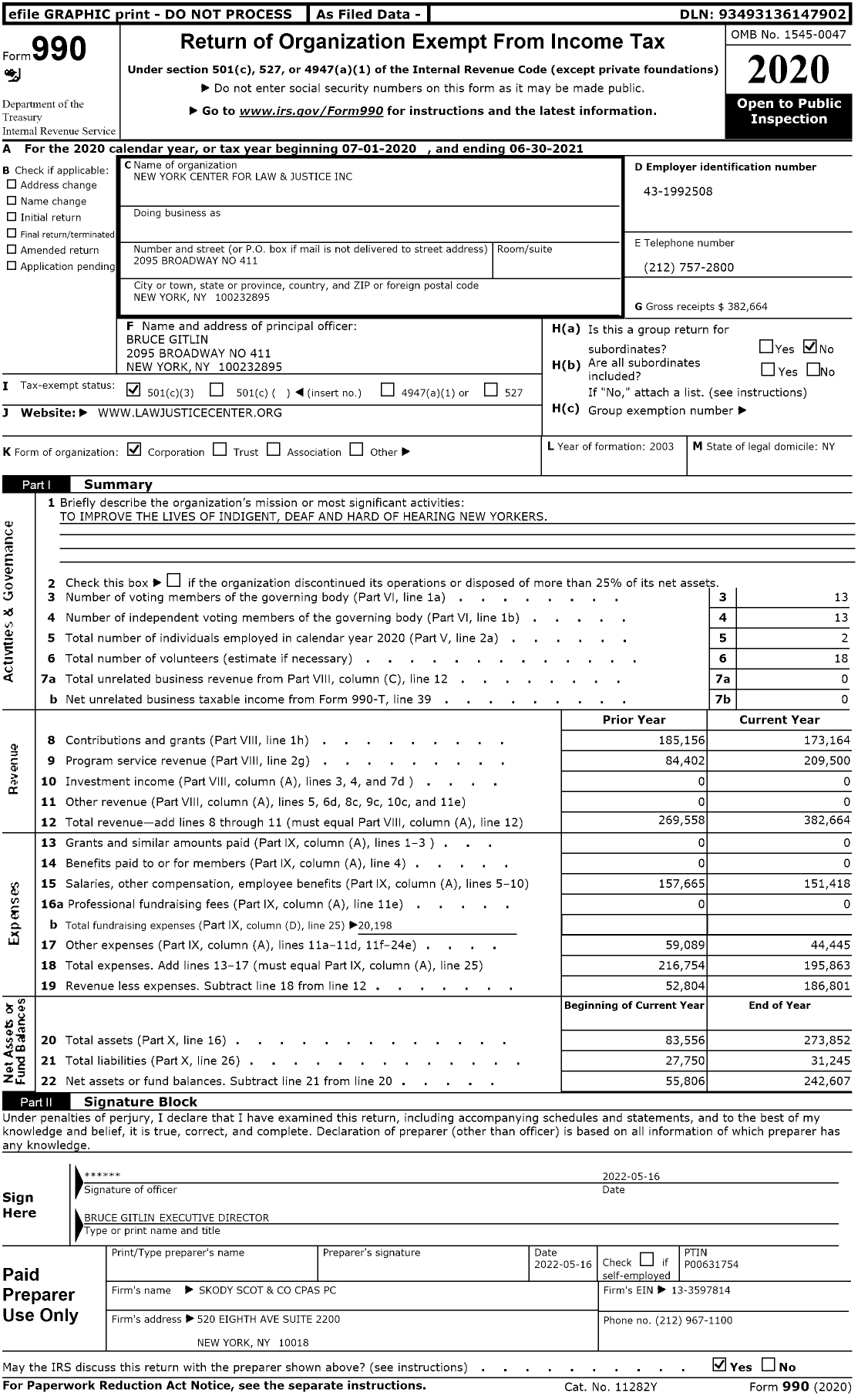 Image of first page of 2020 Form 990 for New York Center for Law and Justice