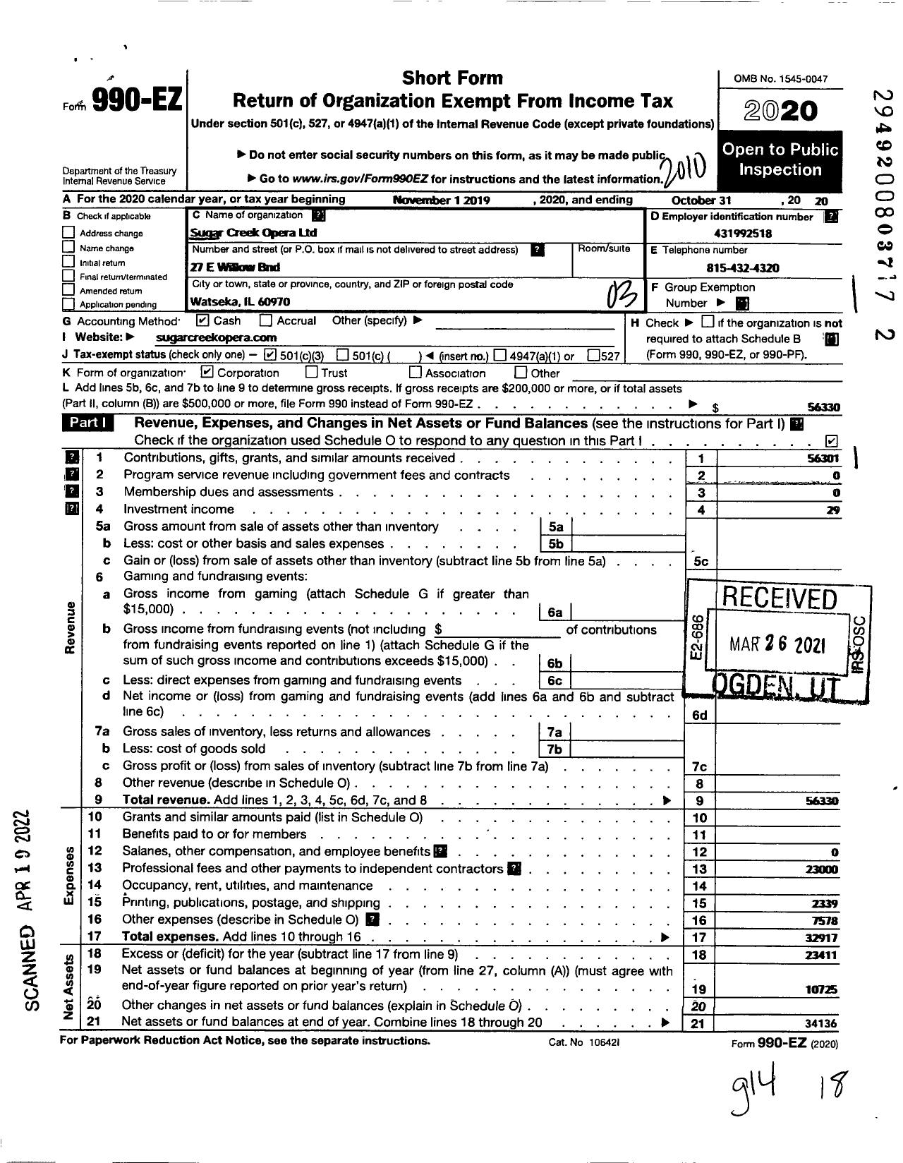 Image of first page of 2019 Form 990EZ for Sugar Creek Opera