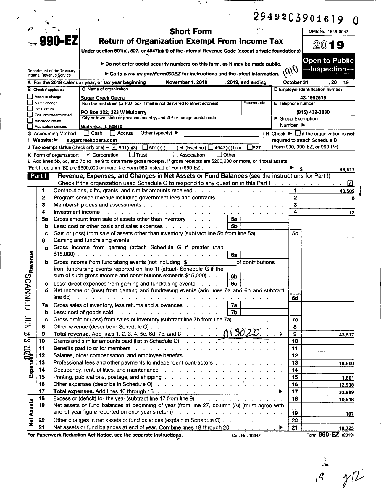 Image of first page of 2018 Form 990EZ for Sugar Creek Opera