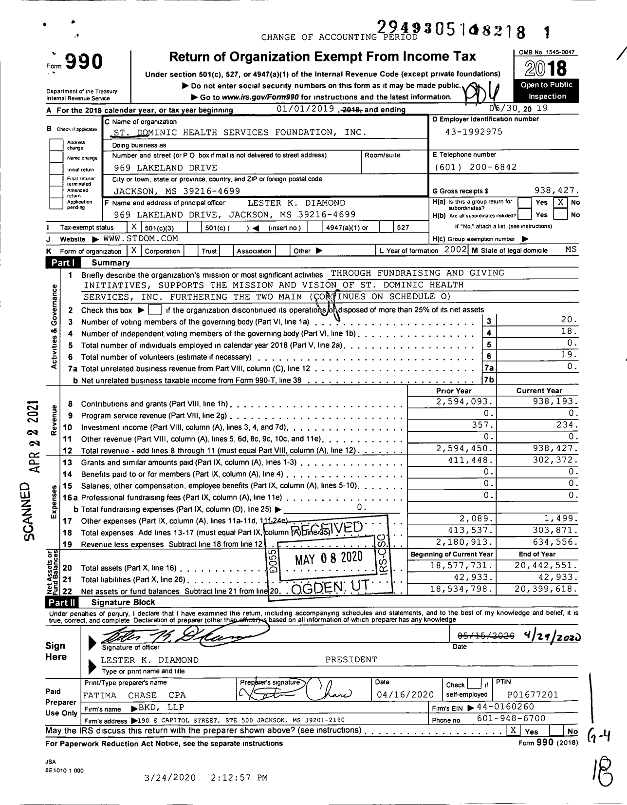 Image of first page of 2018 Form 990 for St Dominic Health Services Foundation