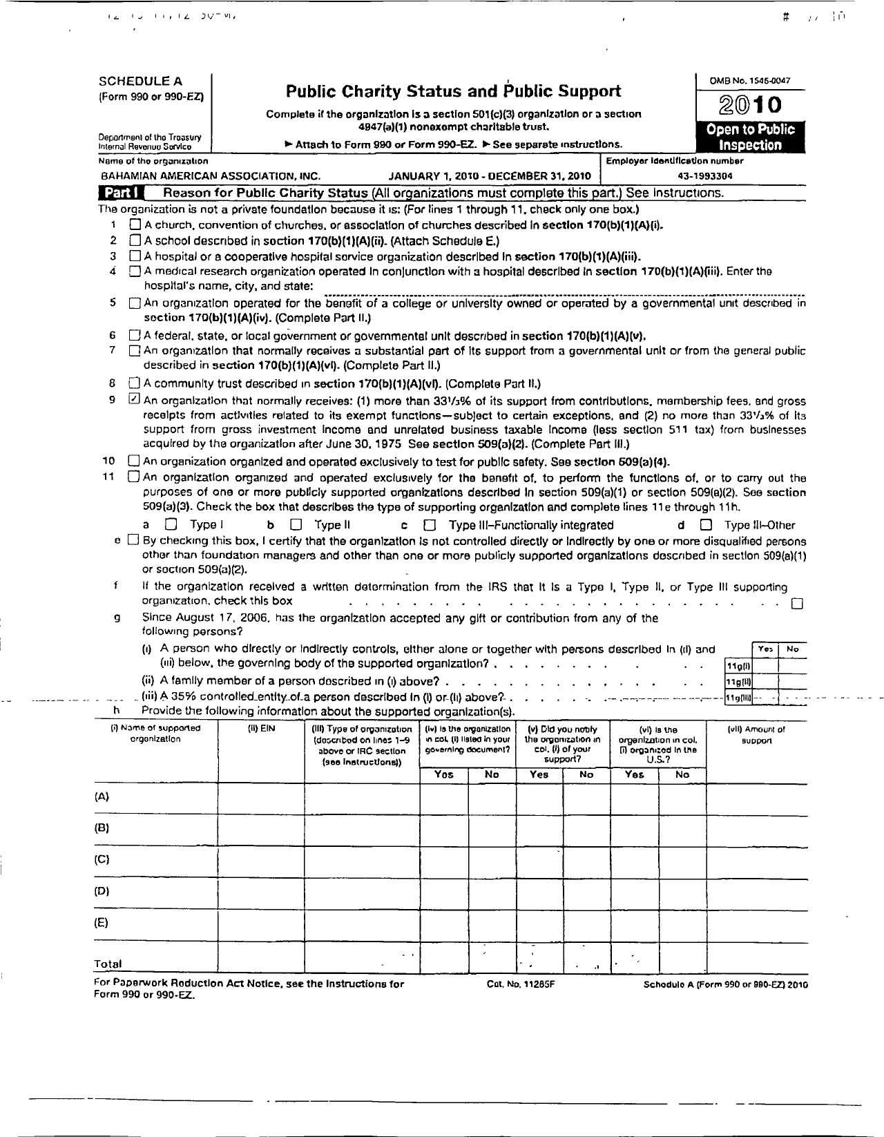 Image of first page of 2010 Form 990ER for Bahamian American Association