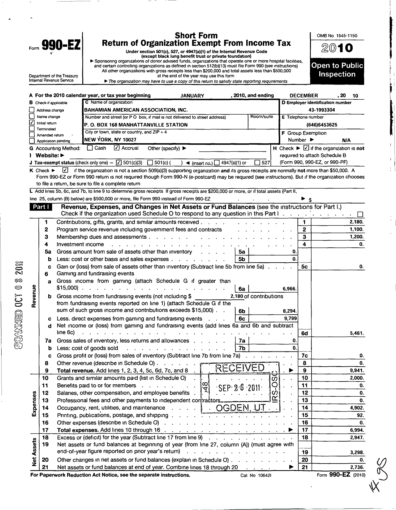 Image of first page of 2010 Form 990EZ for Bahamian American Association