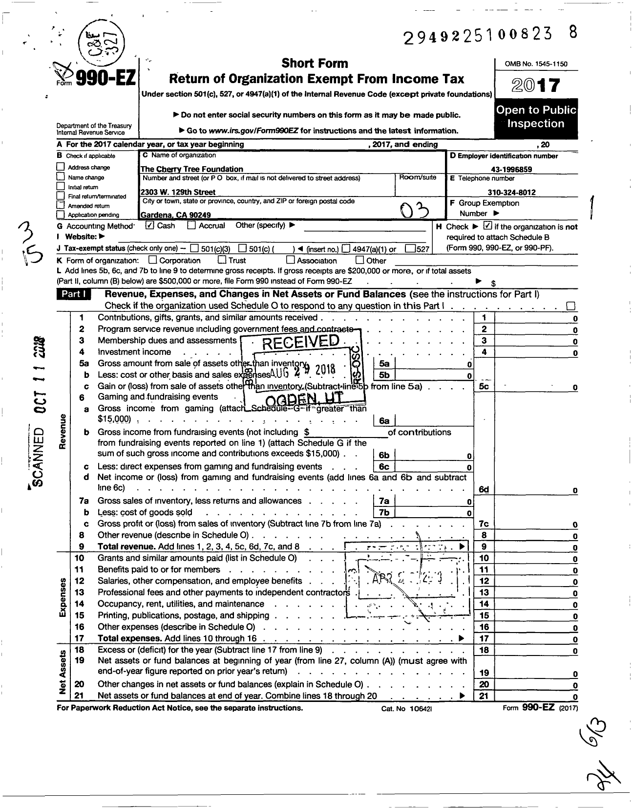 Image of first page of 2017 Form 990EZ for Cherry Tree Foundation