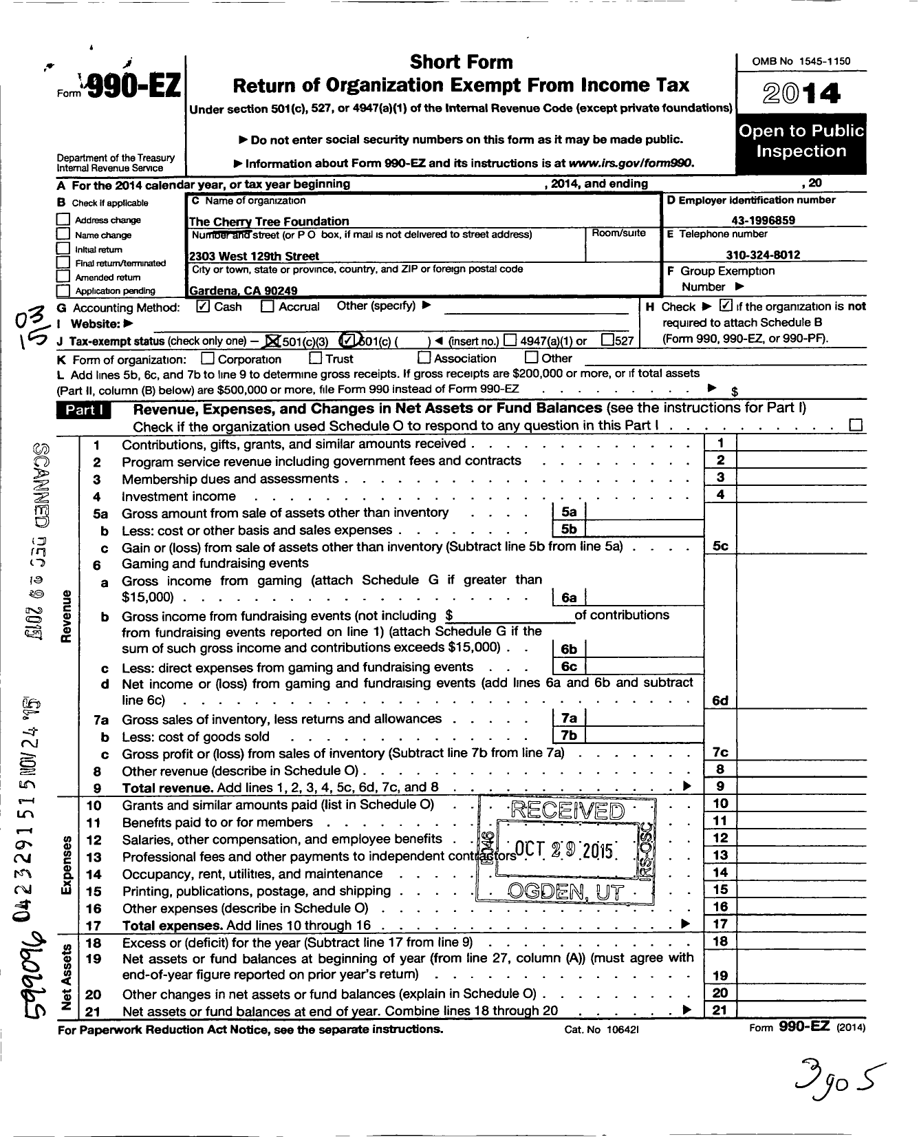 Image of first page of 2014 Form 990EZ for Cherry Tree Foundation