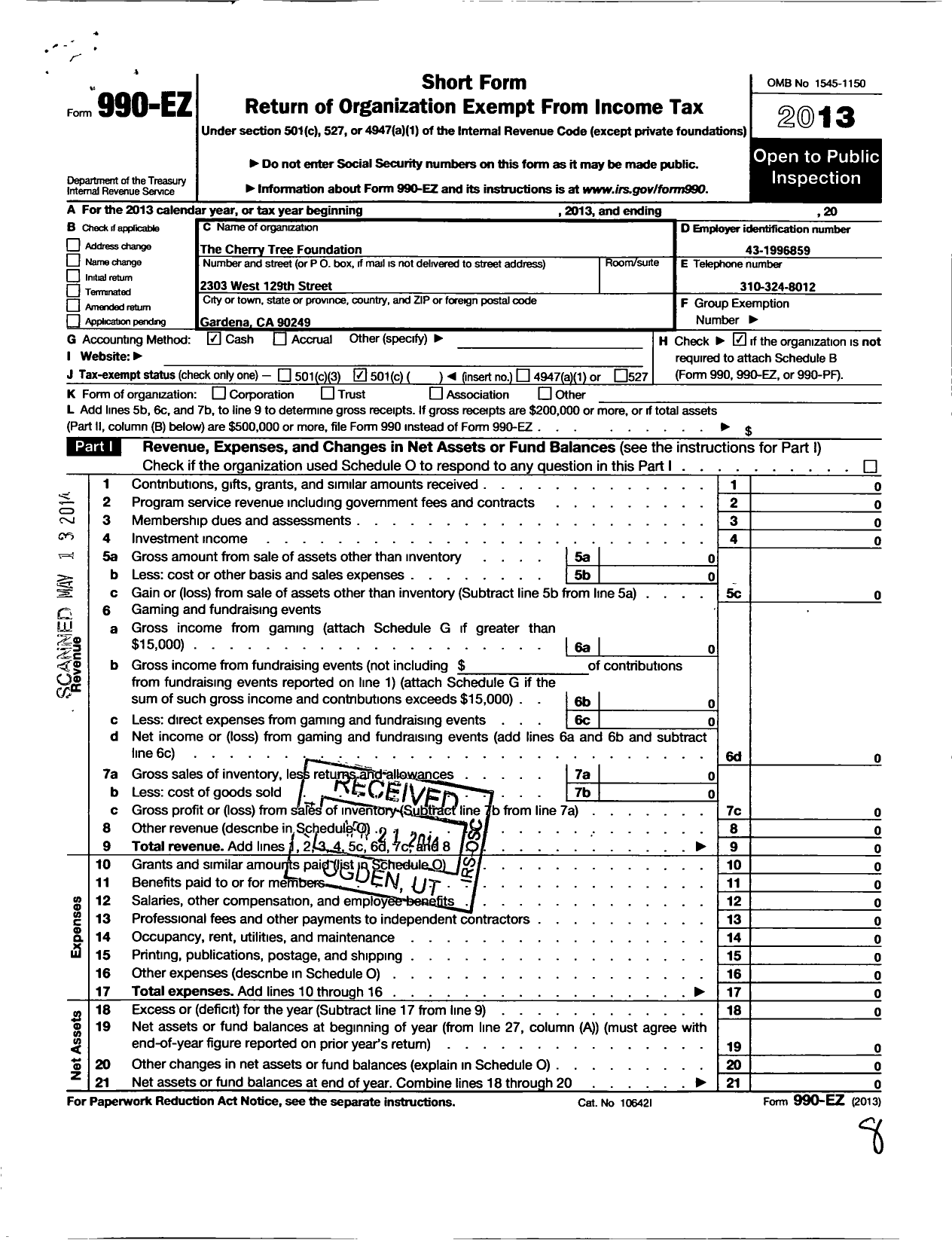 Image of first page of 2013 Form 990EO for Cherry Tree Foundation