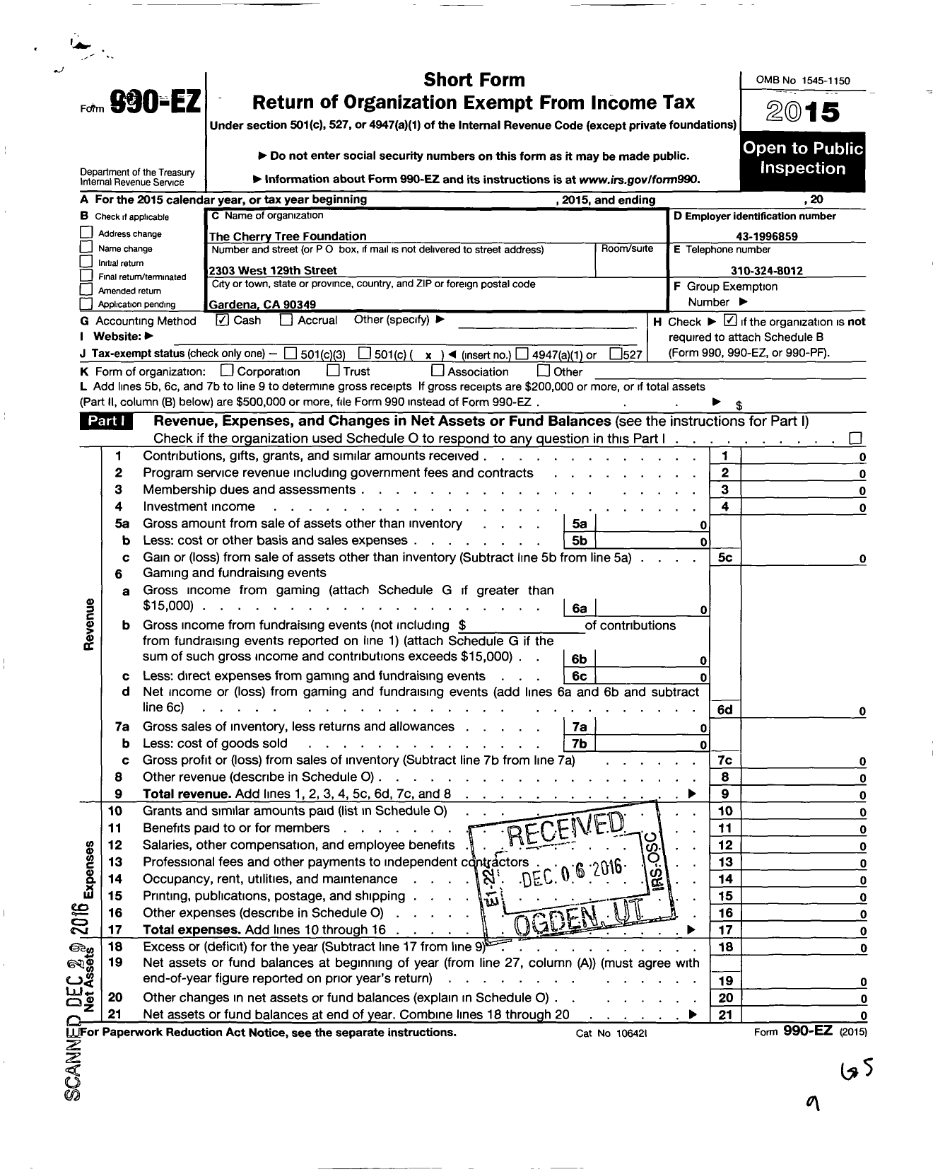 Image of first page of 2015 Form 990EO for Cherry Tree Foundation