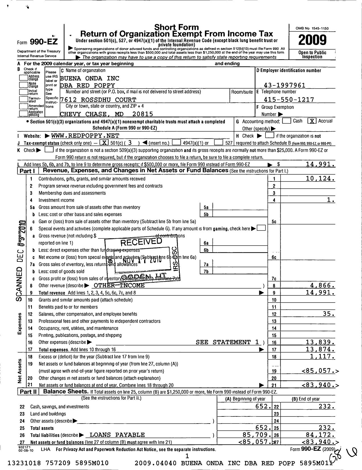 Image of first page of 2009 Form 990EZ for Buena Onda