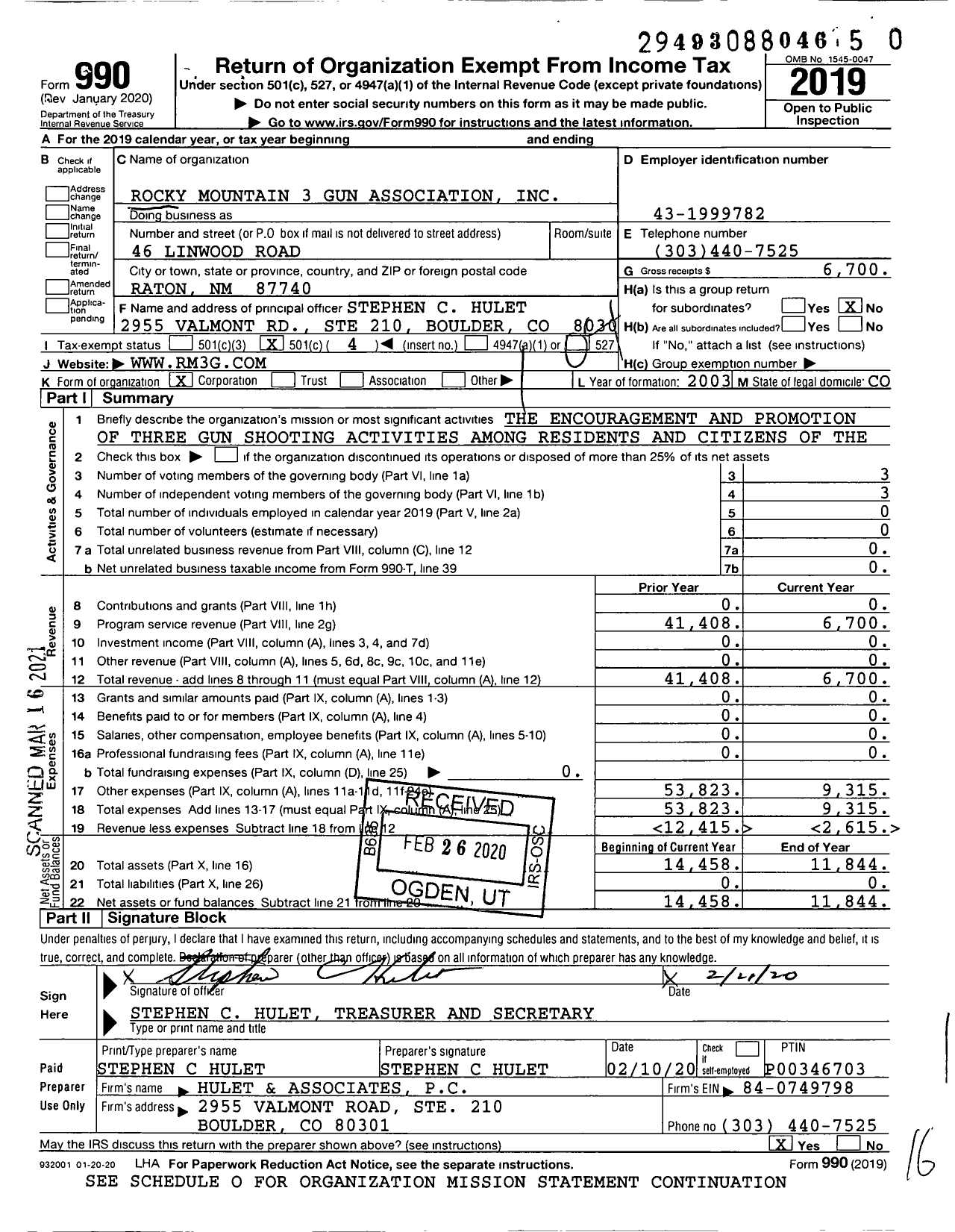 Image of first page of 2019 Form 990O for Rocky Mountain 3 Gun Association