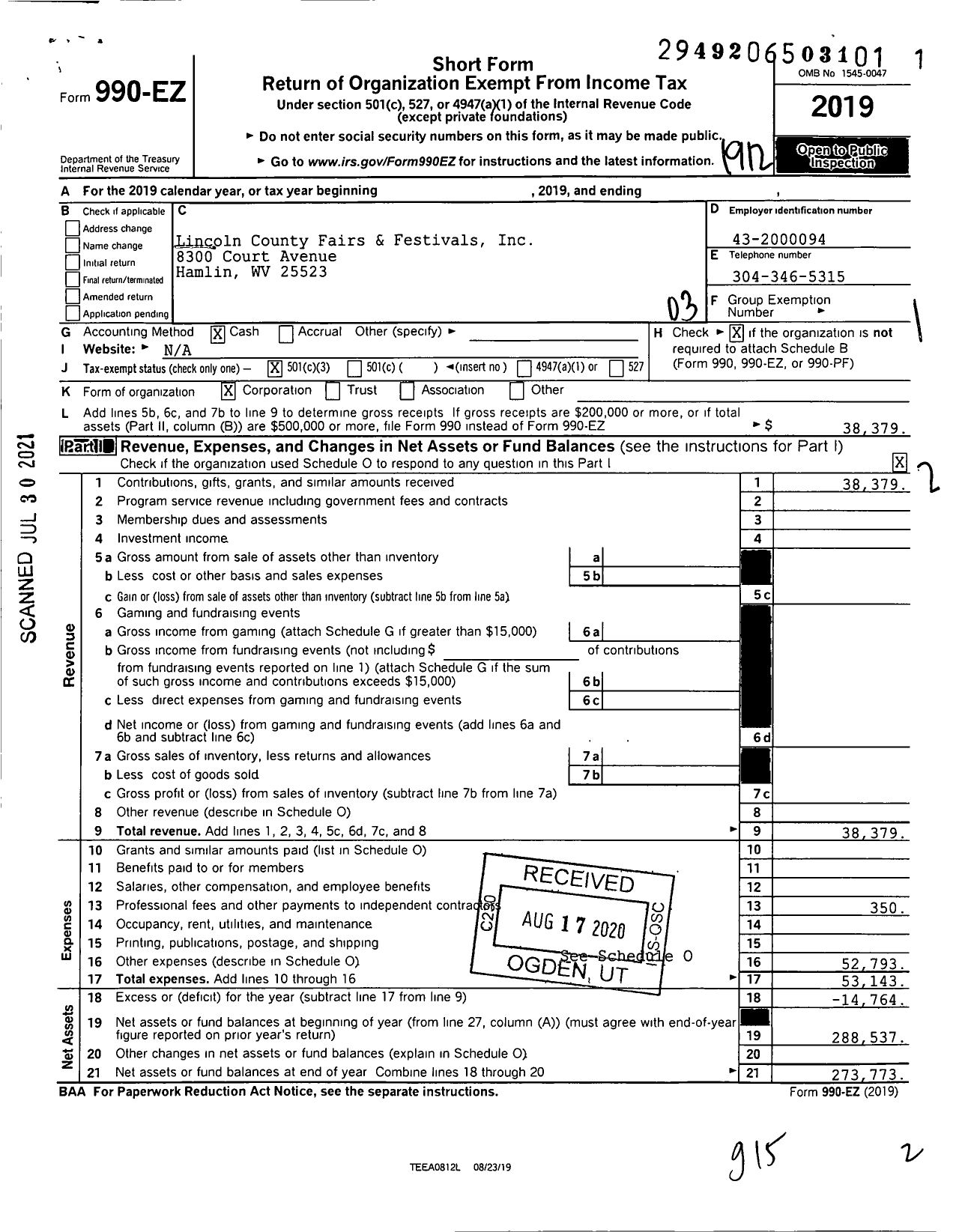 Image of first page of 2019 Form 990EZ for Lincoln County Fairs & FestivalInc