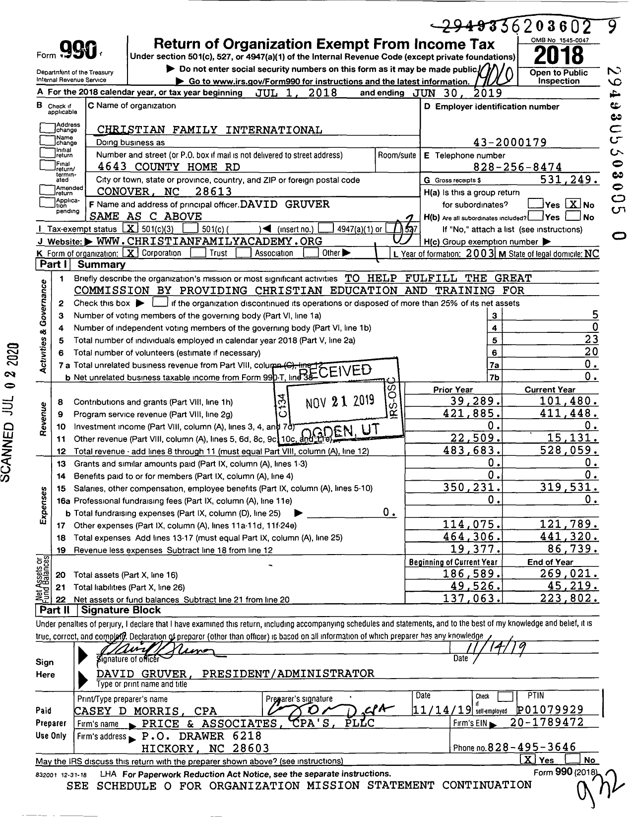 Image of first page of 2018 Form 990 for Christian Family Academy