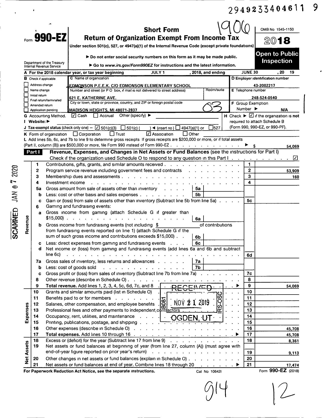 Image of first page of 2018 Form 990EZ for Edmonson P E E K