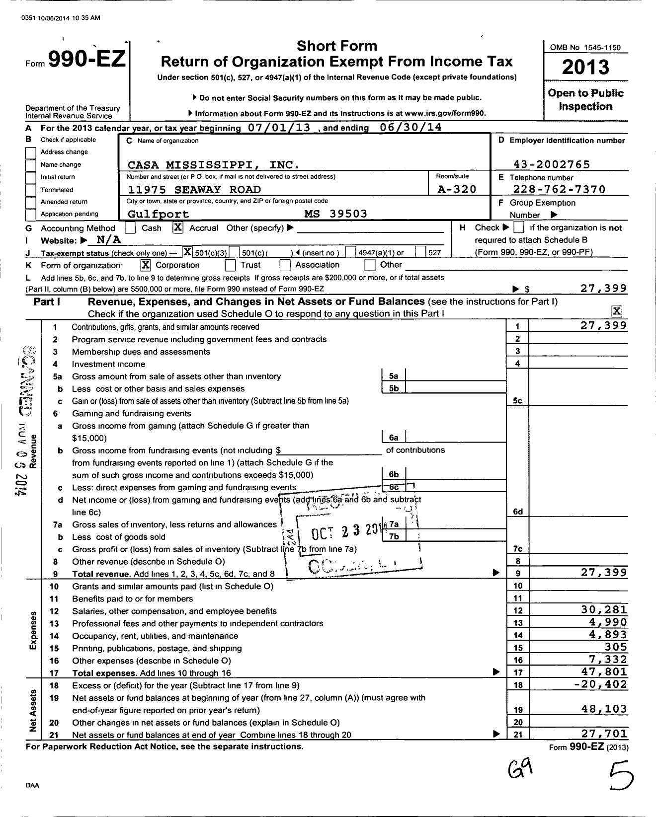 Image of first page of 2013 Form 990EZ for Casa Mississipppi