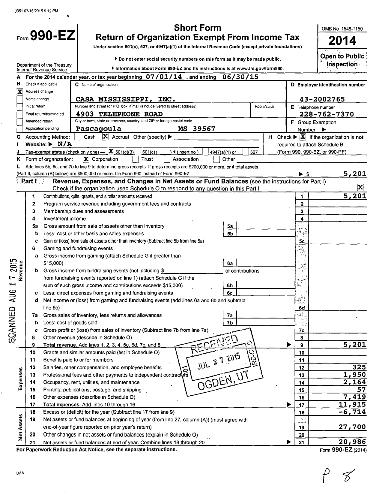 Image of first page of 2014 Form 990EZ for Casa Mississipppi