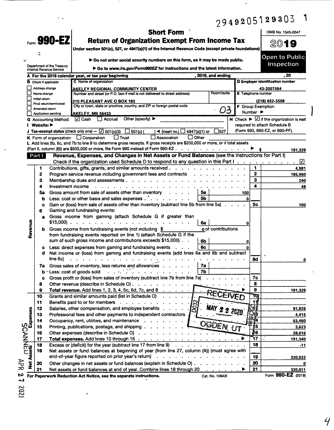 Image of first page of 2019 Form 990EZ for Akeley Regional Community Center