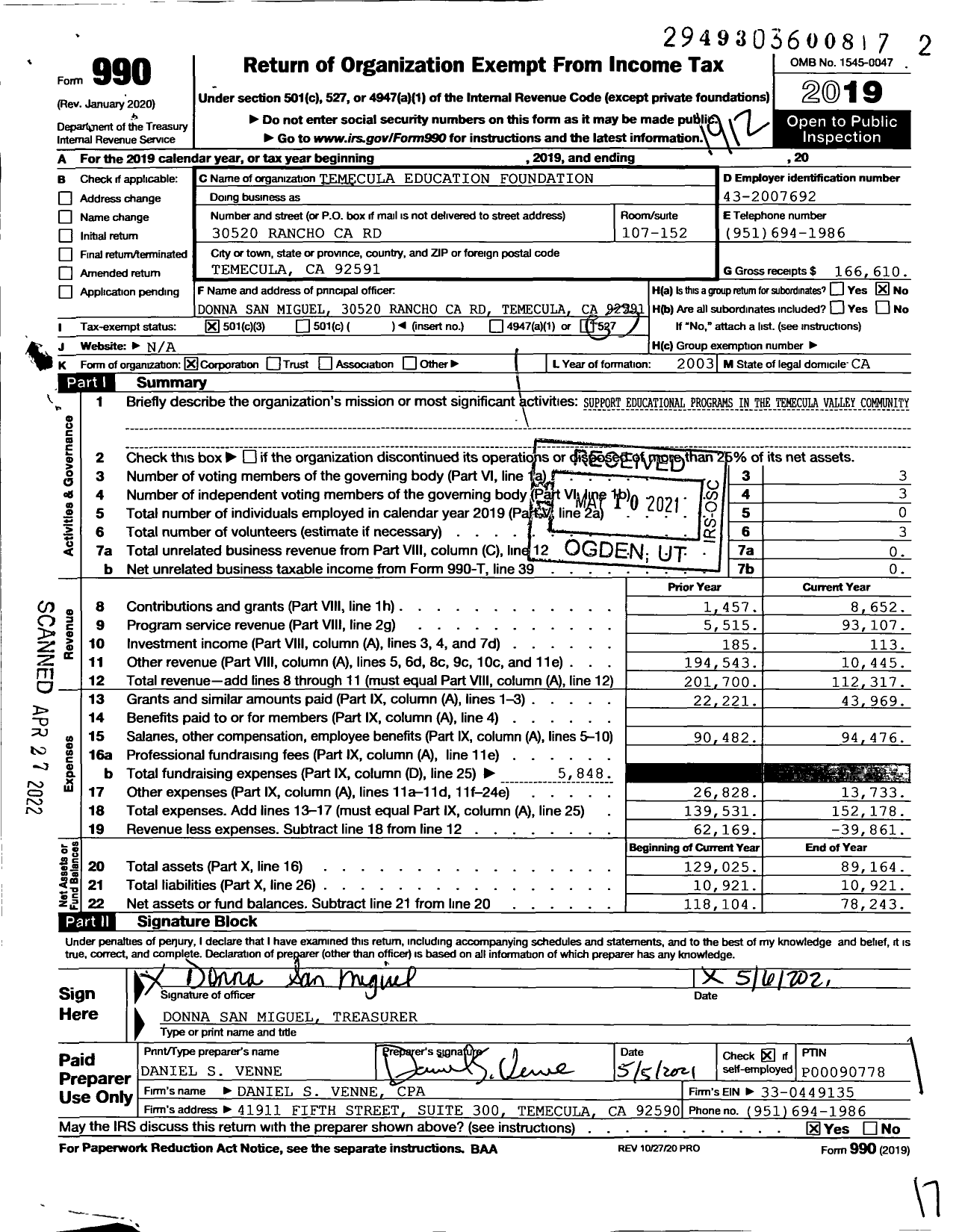 Image of first page of 2019 Form 990 for Temecula Education Foundation