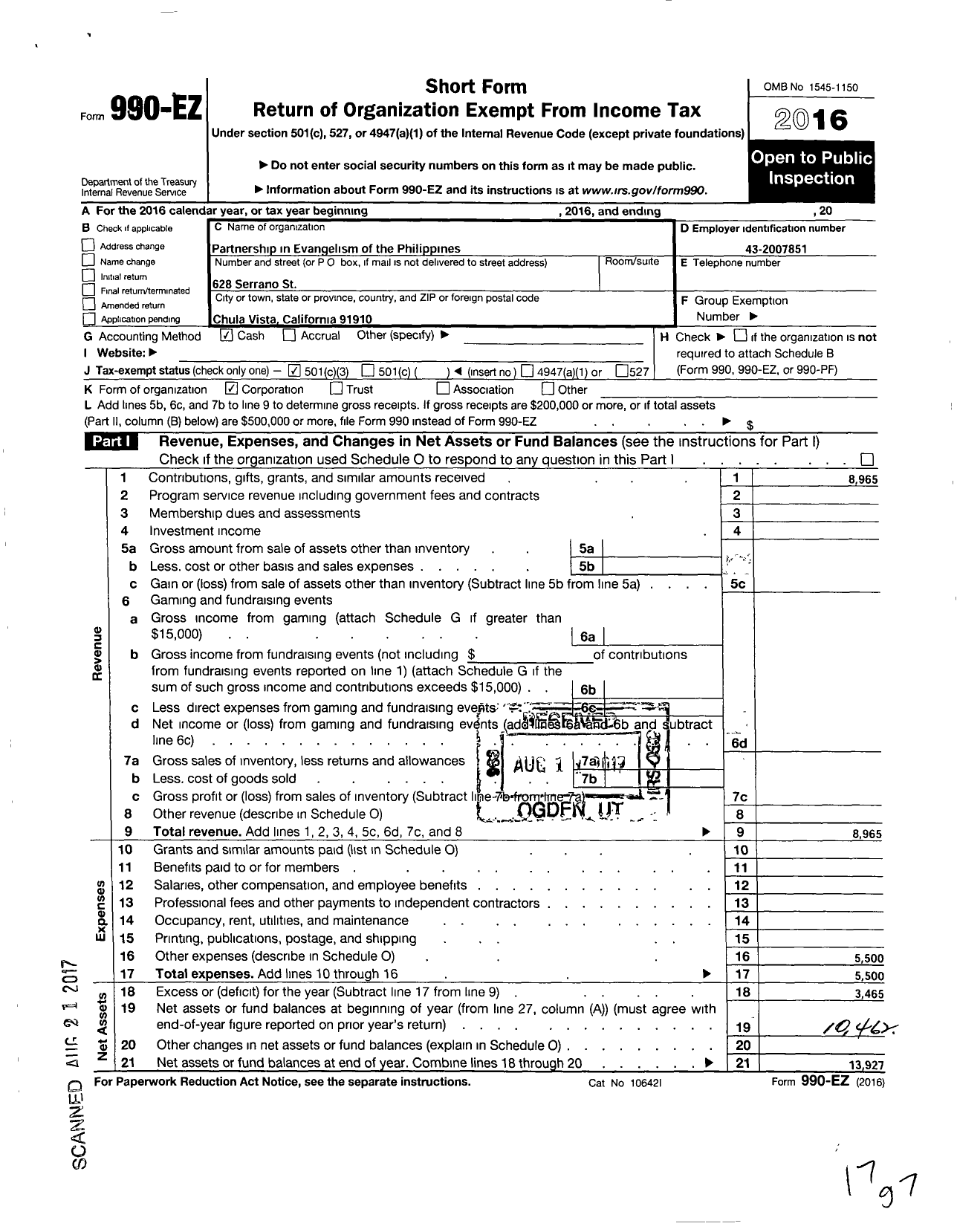 Image of first page of 2016 Form 990EZ for Partnership in Evangelism of the Philippines