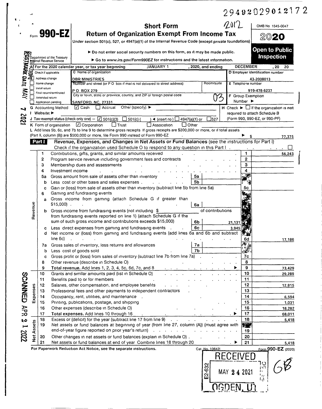 Image of first page of 2020 Form 990EZ for DBR Ministries