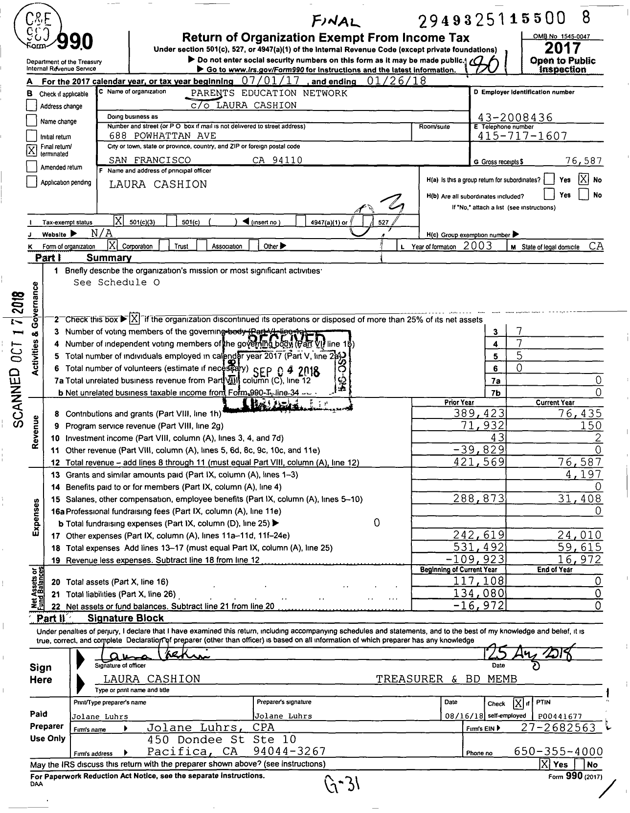 Image of first page of 2017 Form 990 for Parents Education Network