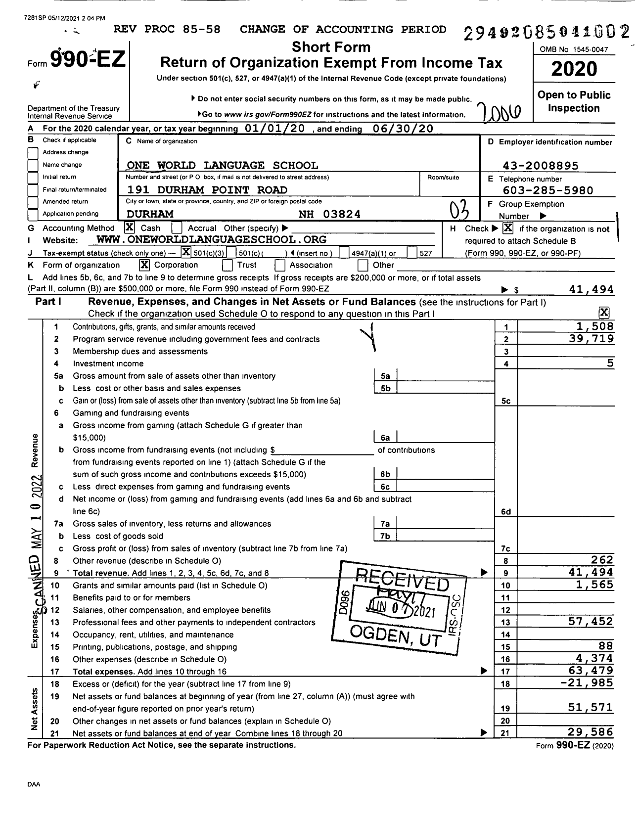 Image of first page of 2019 Form 990EZ for One World Language School