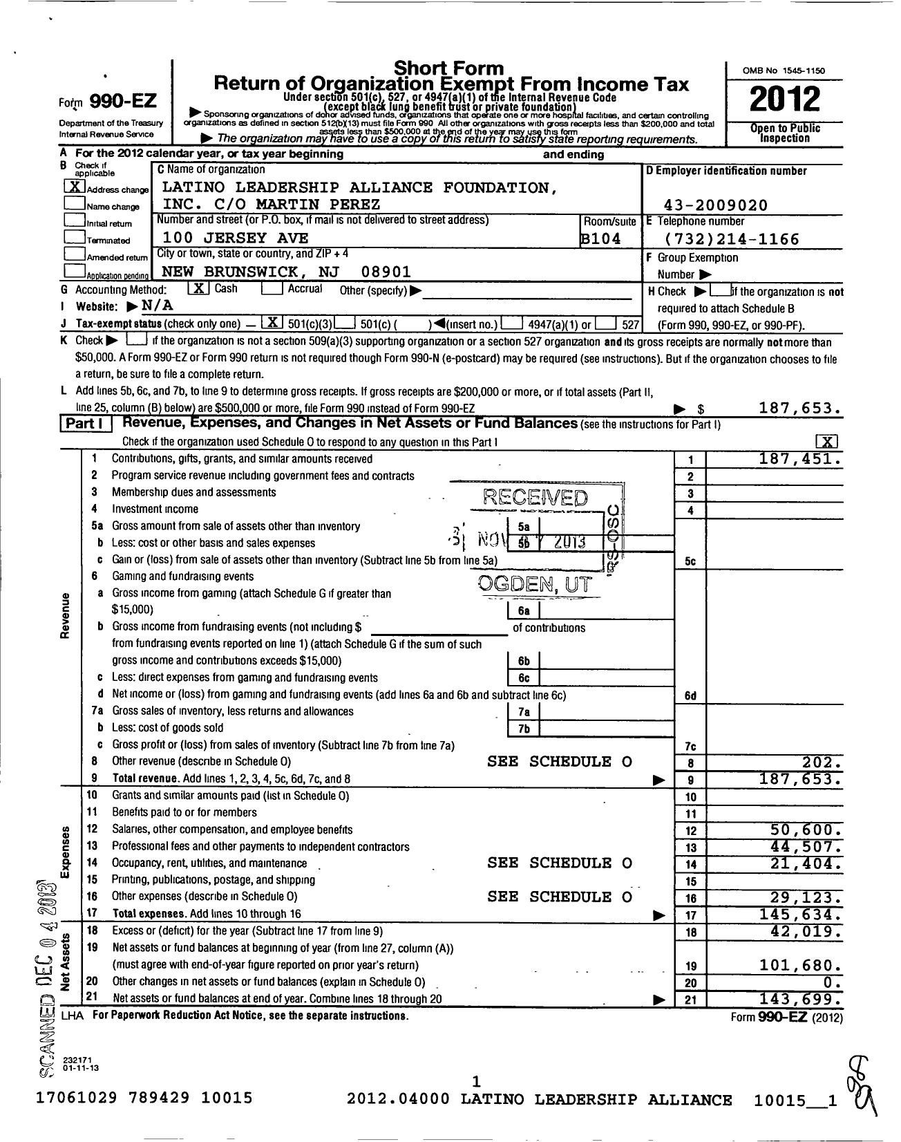 Image of first page of 2012 Form 990EZ for Latino Leadership Alliance Foundation