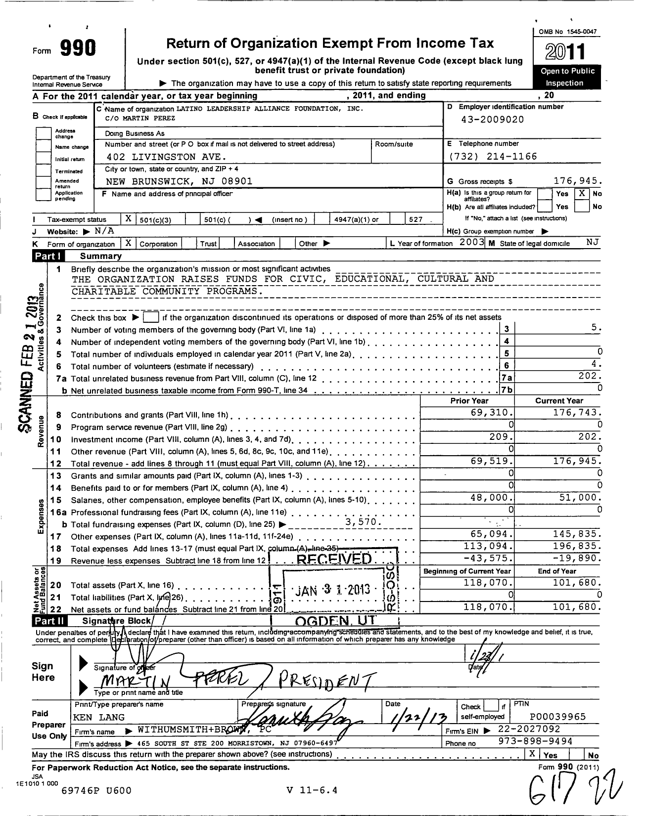 Image of first page of 2011 Form 990 for Latino Leadership Alliance Foundation