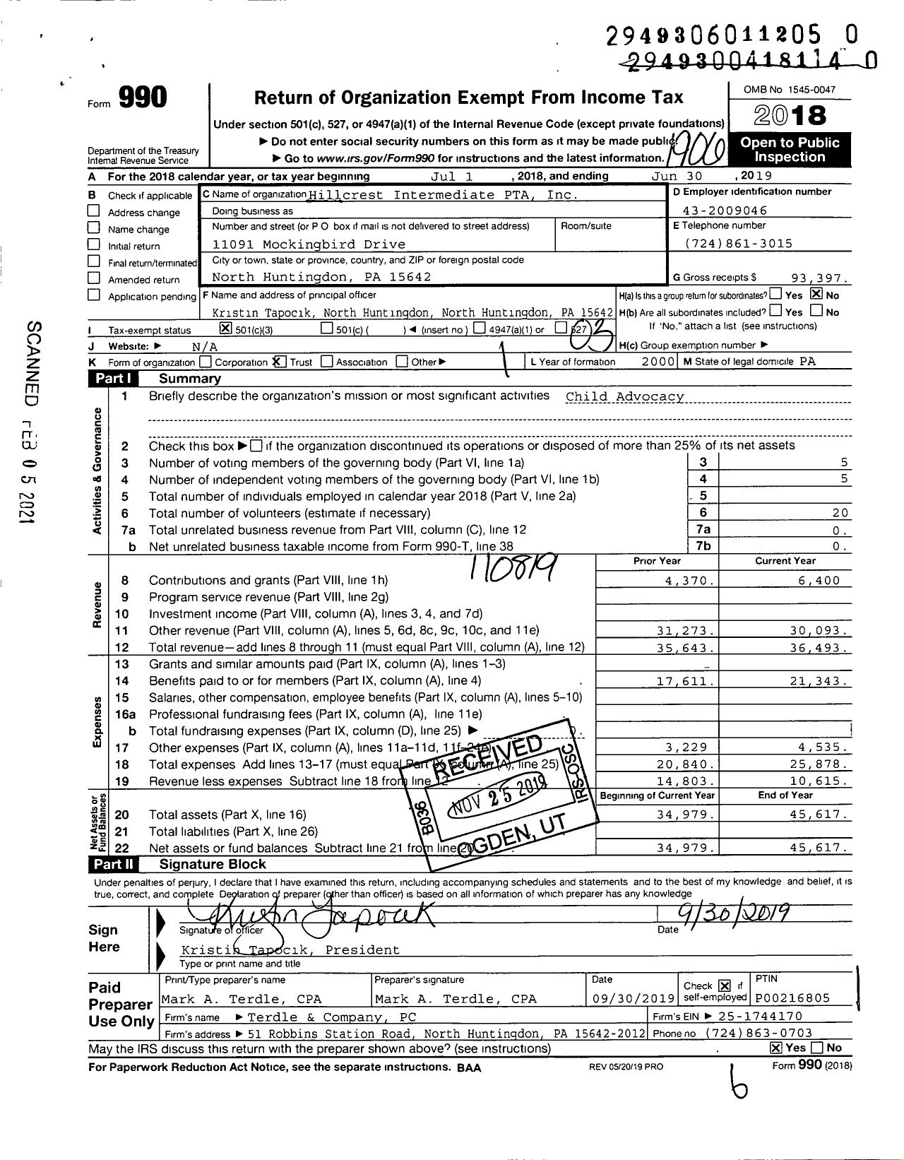 Image of first page of 2018 Form 990 for Hillcrest Intermediate PTA