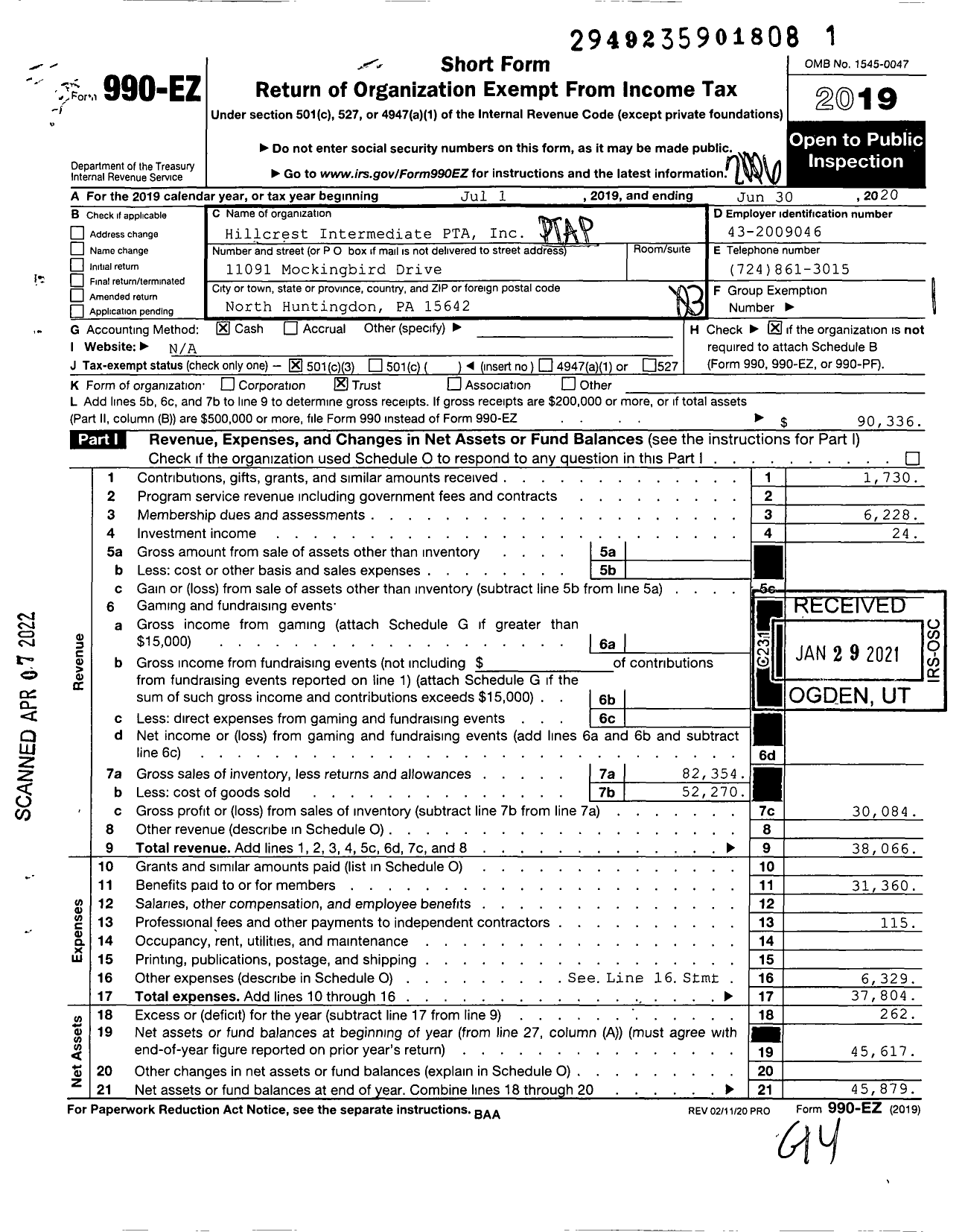 Image of first page of 2019 Form 990EZ for Hillcrest Intermediate PTA